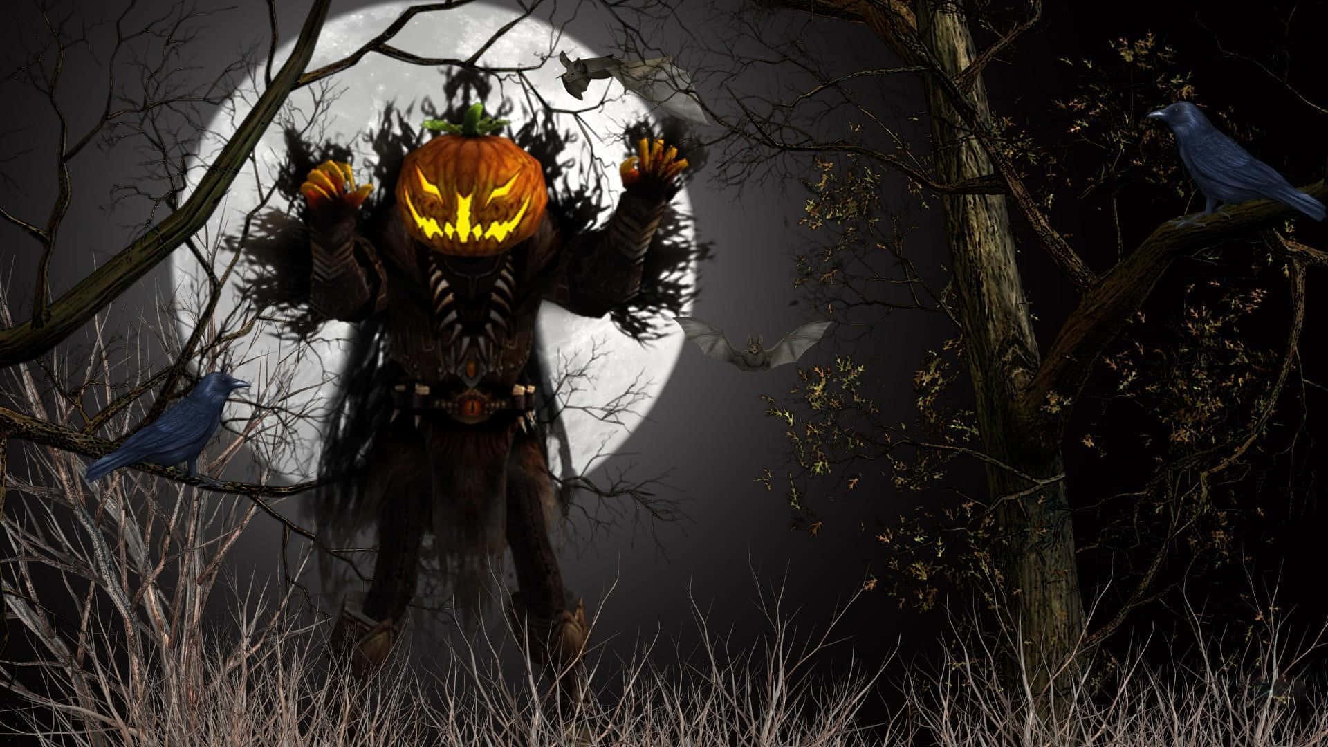 scarecrows, pumpkin-headed scarecrow, moonlit forest, Full HD Desktop Wallpaper
