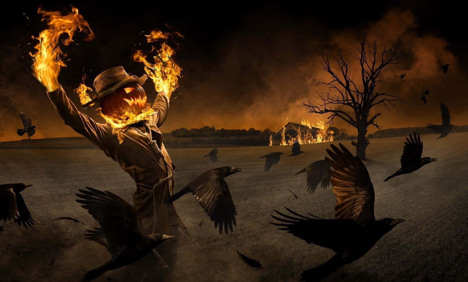 scarecrows, flaming scarecrow, jack-o-lantern head, Full HD Desktop Wallpaper