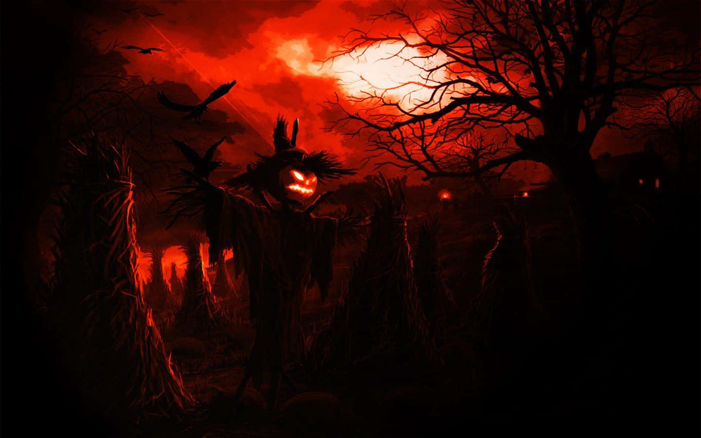 Scarecrows, rustic farm walkway, glowing jack-o-lantern head, HD Desktop Wallpaper