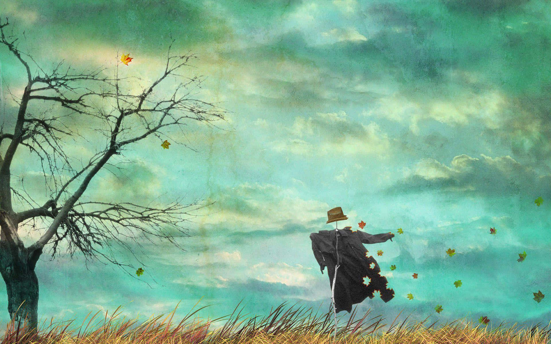 scarecrows, golden wheat field, autumn leaves, Full HD Desktop Wallpaper