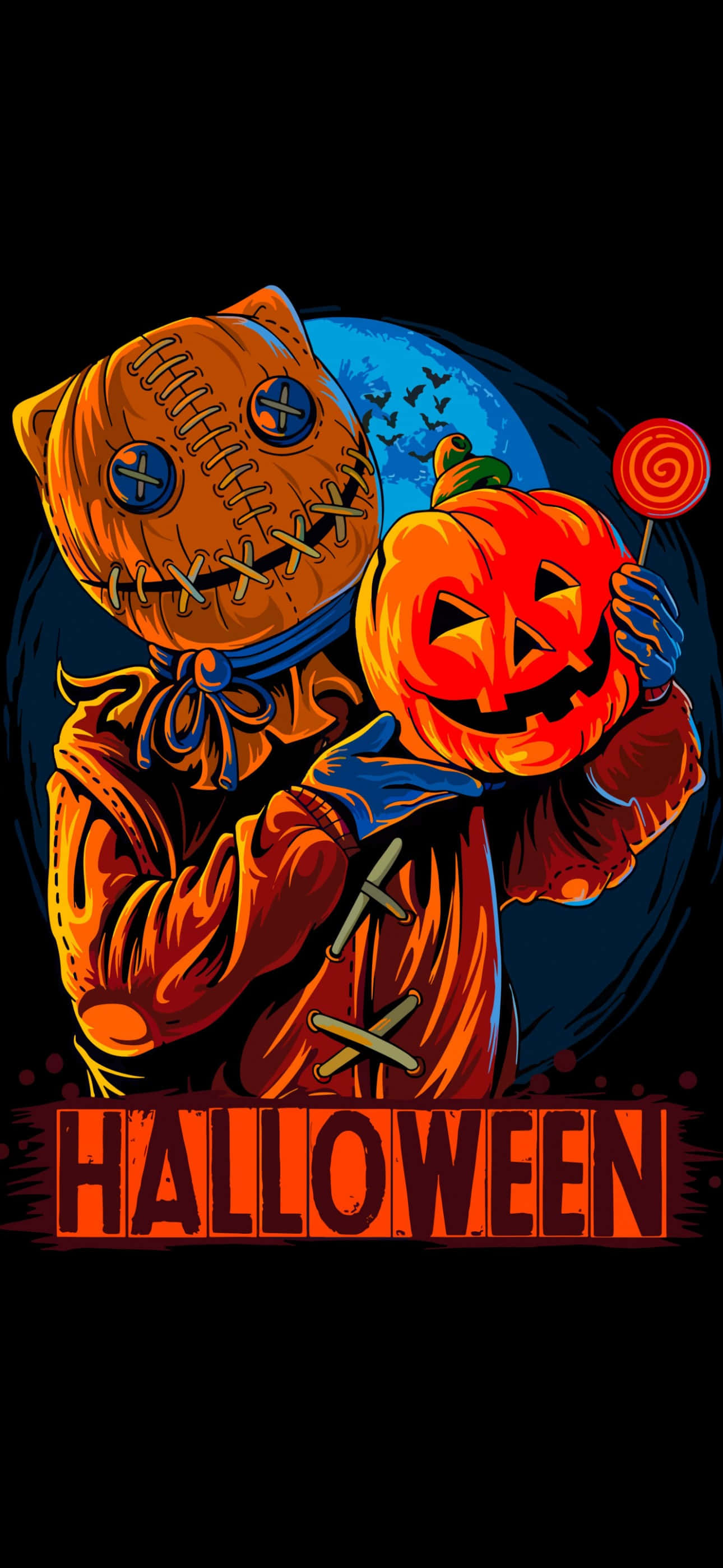 scarecrows, cat-headed scarecrow, glowing jack-o-lantern, 2K Phone Wallpaper