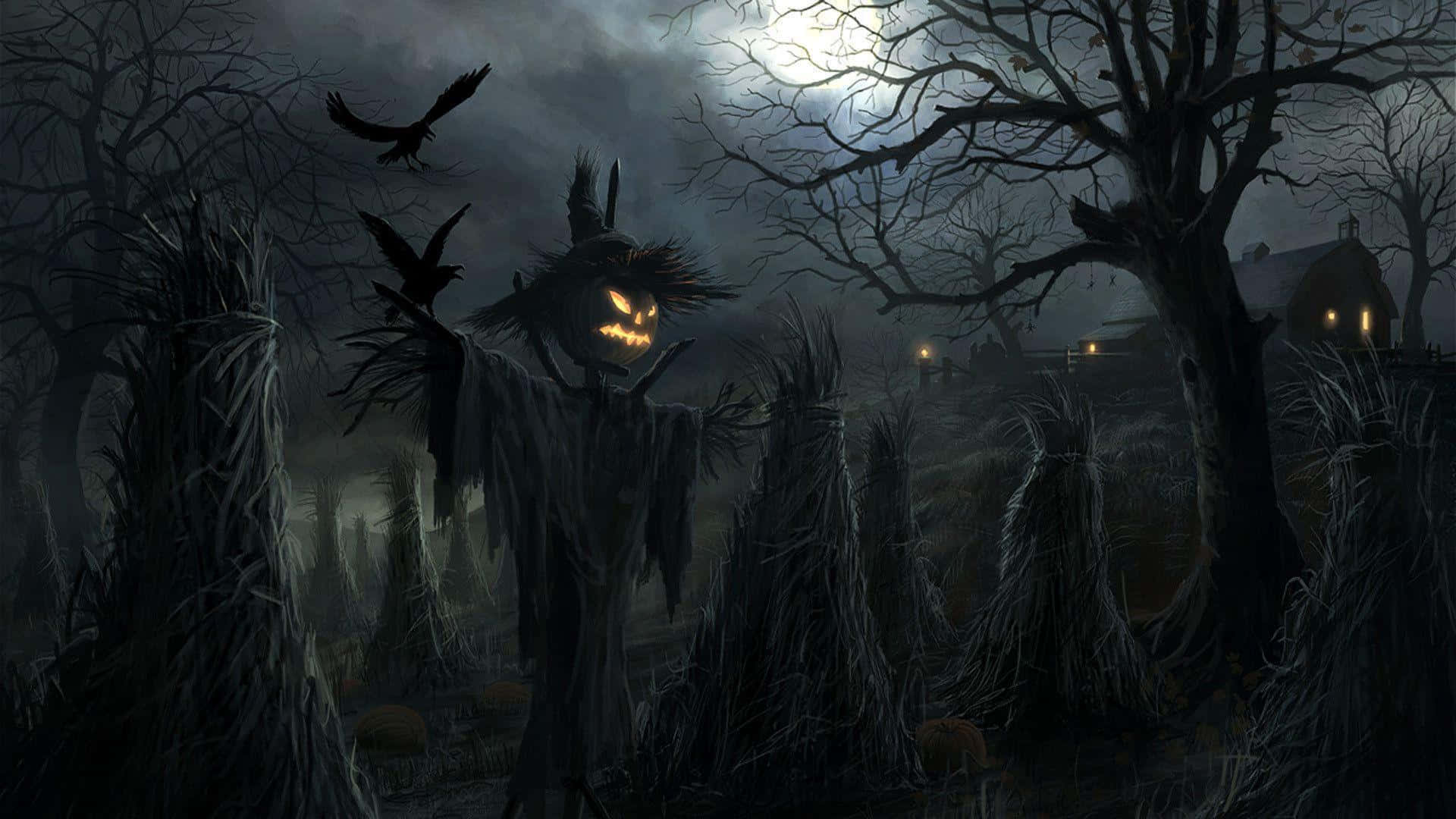 Scarecrows, glowing jack-o-lantern head, misty graveyard, Full HD Desktop Wallpaper