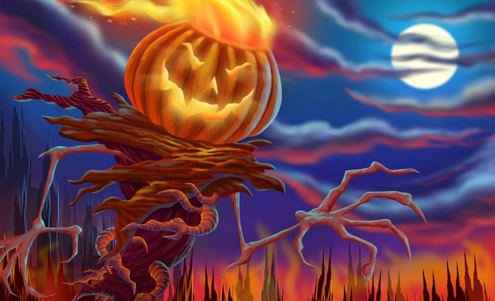scarecrows, jack-o'-lantern-headed, twilight sky, HD Desktop Wallpaper