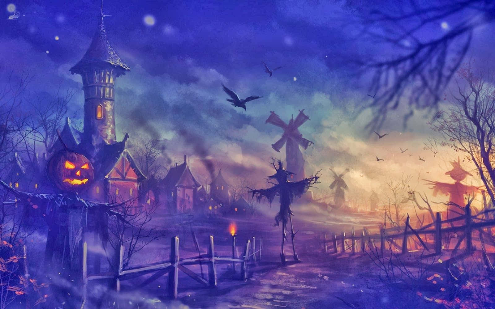 Scarecrows, Halloween village, twilight, HD Desktop Wallpaper