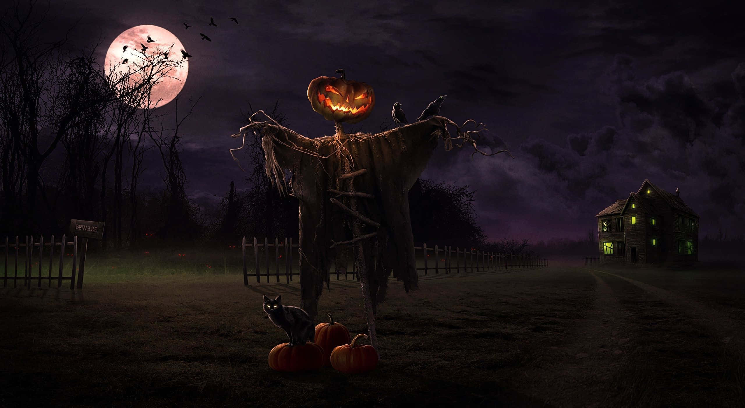 Scarecrows, jack-o-lantern head, full moon, Full HD Desktop Wallpaper