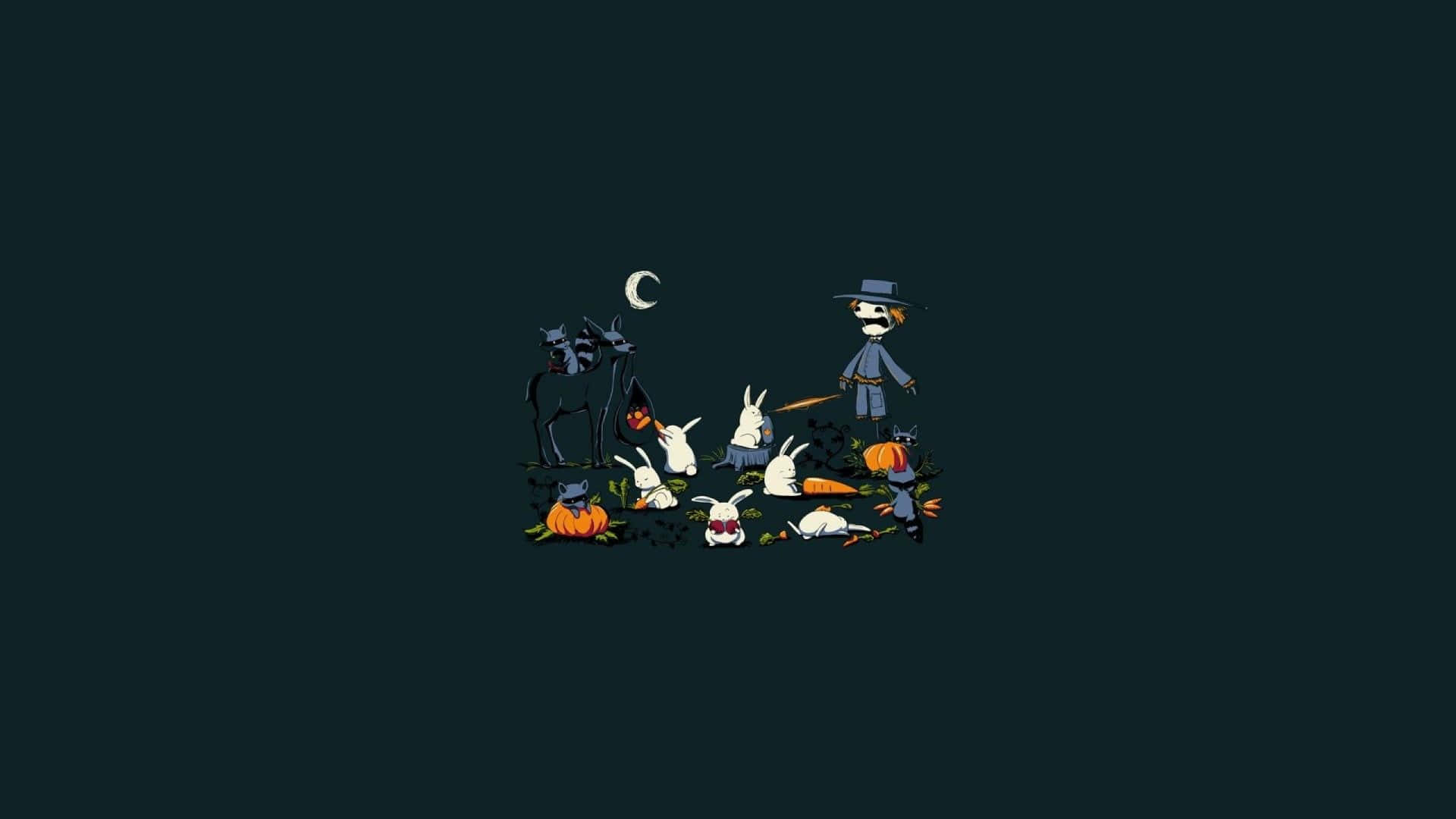 scarecrows, crescent moon, dark teal background, Full HD Desktop Wallpaper