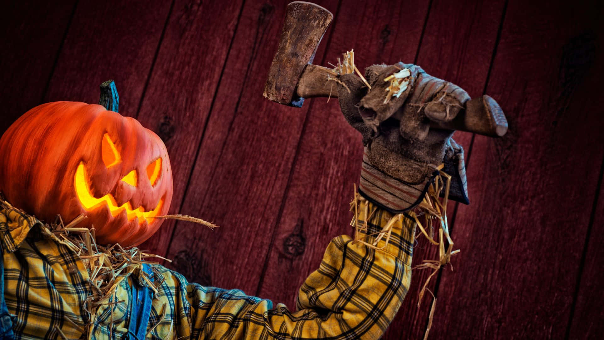scarecrows, jack-o'-lantern head, rusty axe, Full HD Desktop Wallpaper