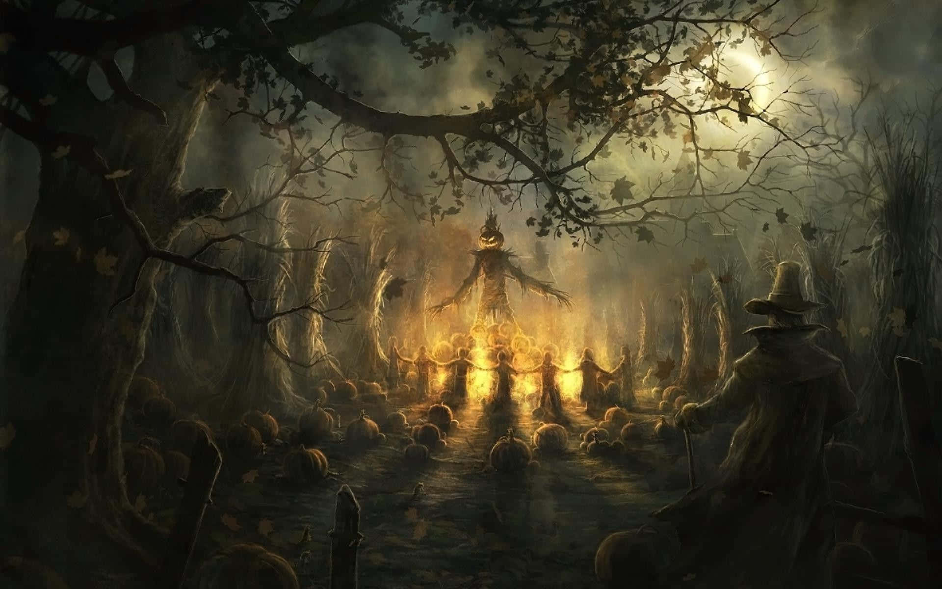 Scarecrows, autumn forest, misty, Full HD Desktop Wallpaper