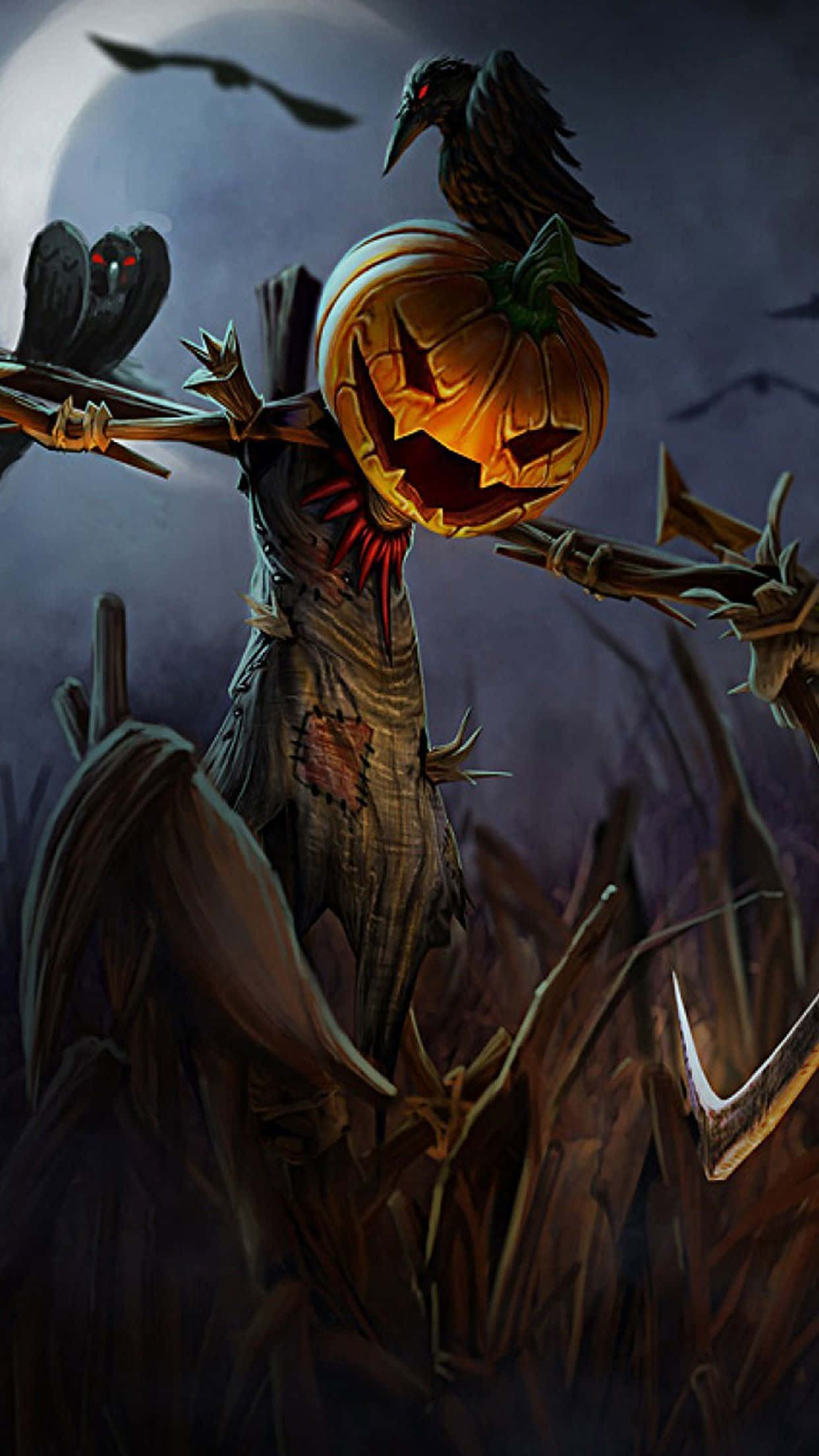 Scarecrows, jack-o-lantern head, full moon, Full HD Phone Wallpaper