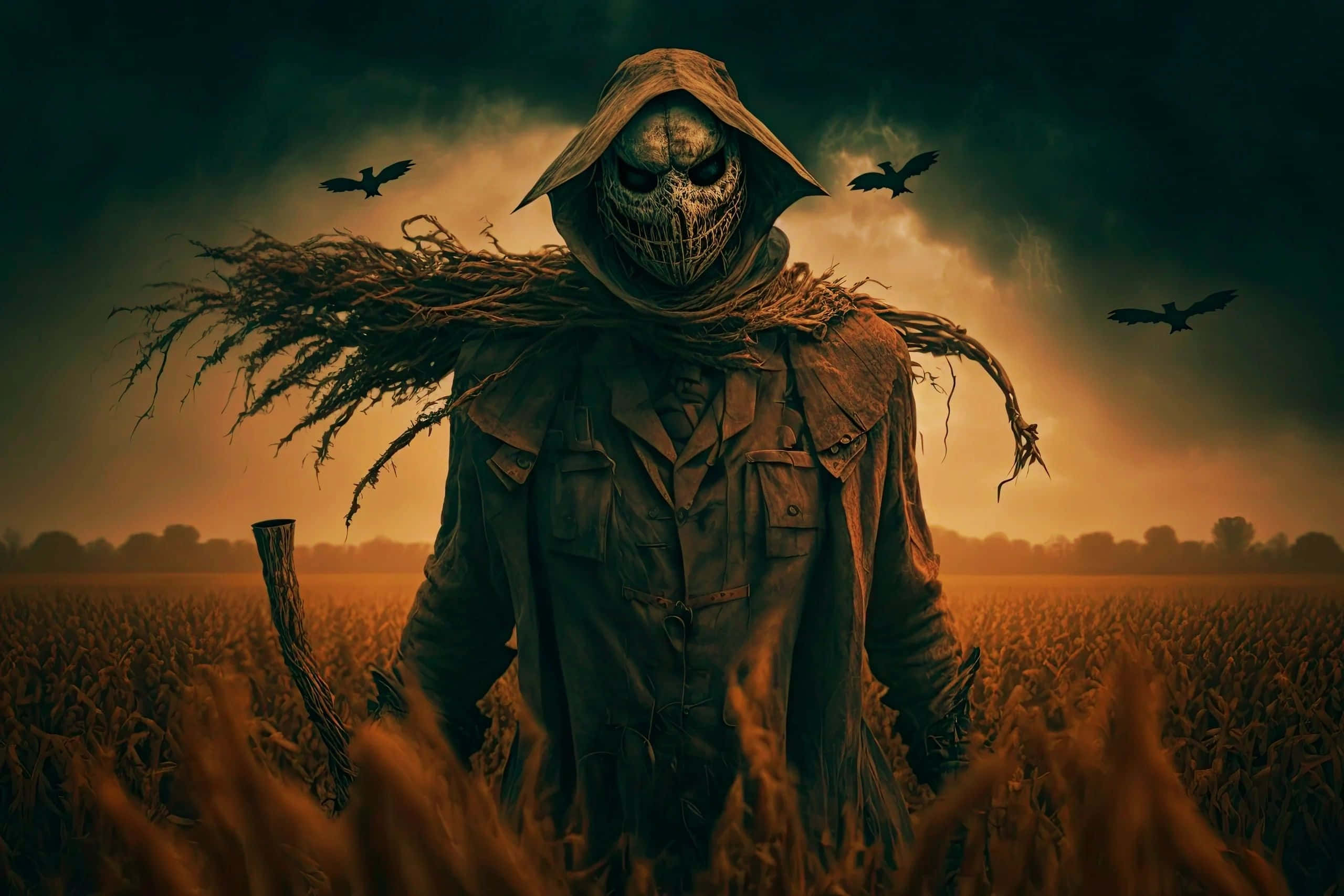 scarecrow, cornfield, ravens, 2K Desktop Wallpaper