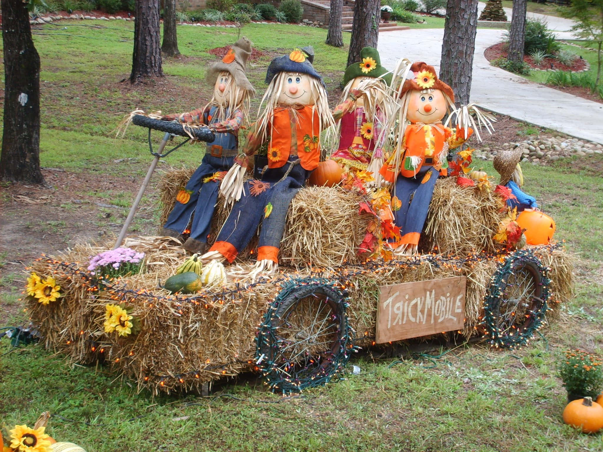 fall scarecrow, autumn attire, hay-covered wagon, Full HD Desktop Wallpaper