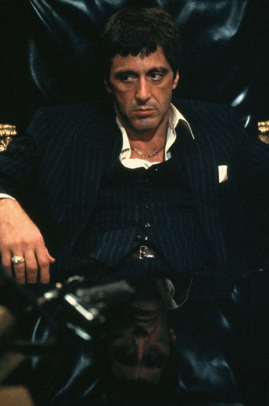 pinstripe suit, black leather chair, gun, HD Phone Wallpaper