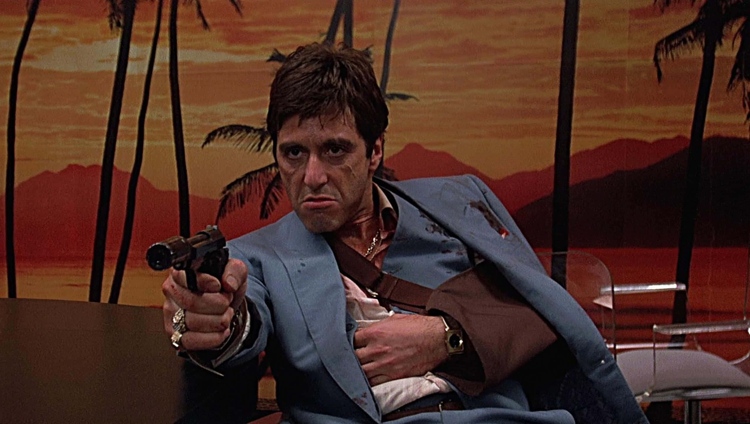 Scarface Tony Montana, blue suit, gun, Full HD Desktop Wallpaper