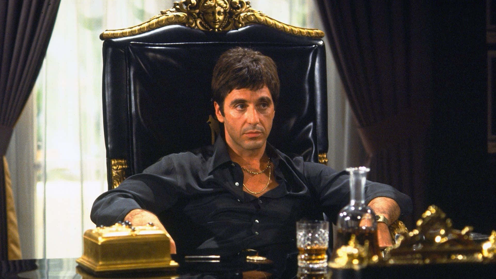 Scarface Tony Montana, black leather throne chair, gold accents, Full HD Desktop Wallpaper