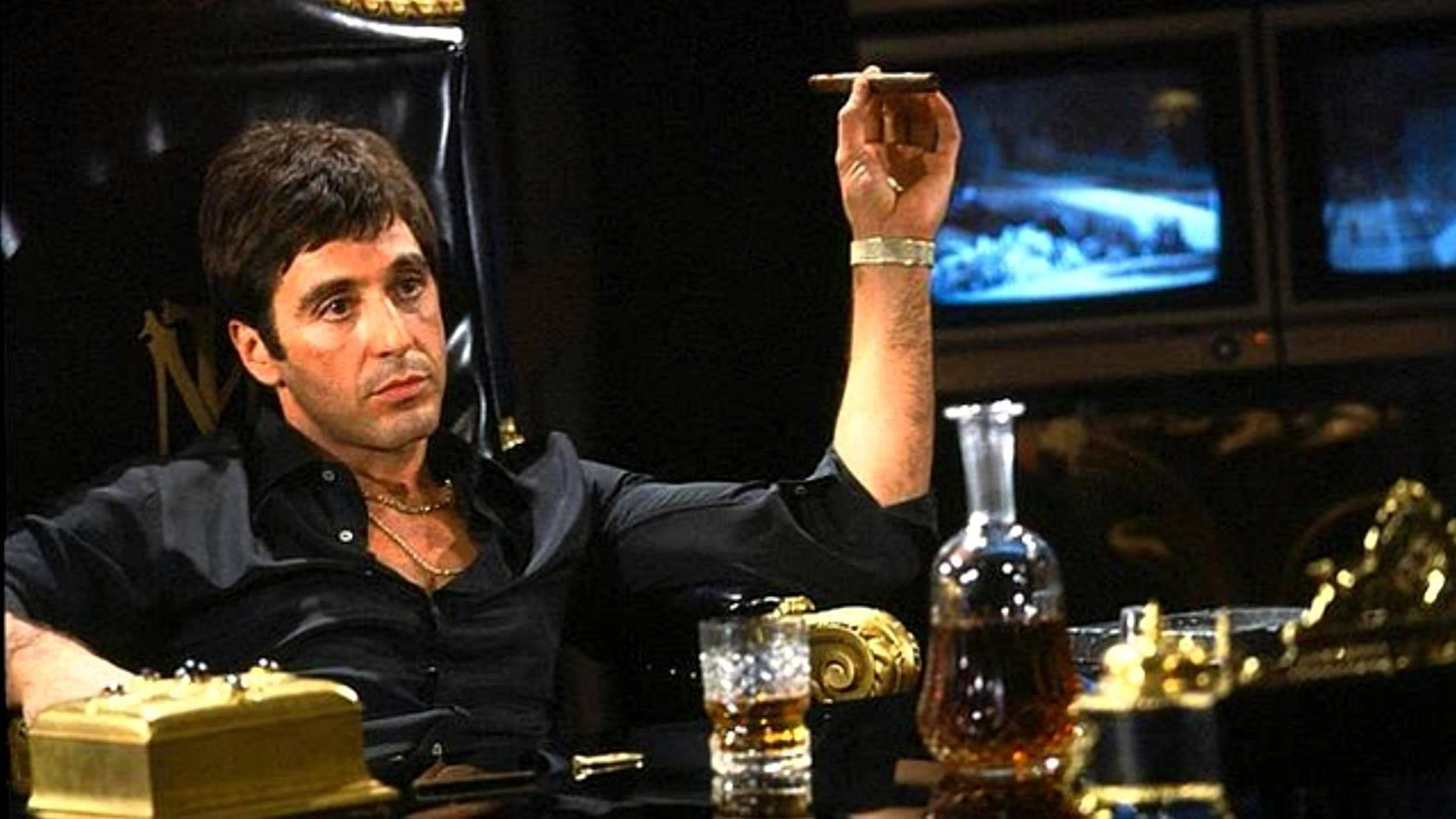 Scarface, black shirt, leather chair, Full HD Desktop Wallpaper