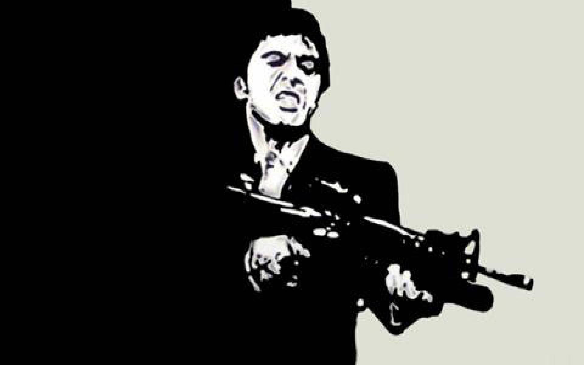 Scarface, black and white illustration, man in a suit, Full HD Desktop Wallpaper