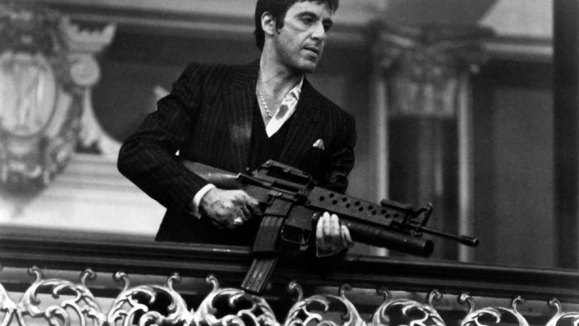 Scarface, pinstripe suit, assault rifle, Full HD Desktop Wallpaper