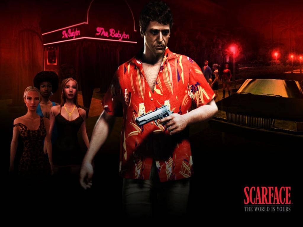 Scarface, red patterned shirt, neon lights, SD Desktop Wallpaper