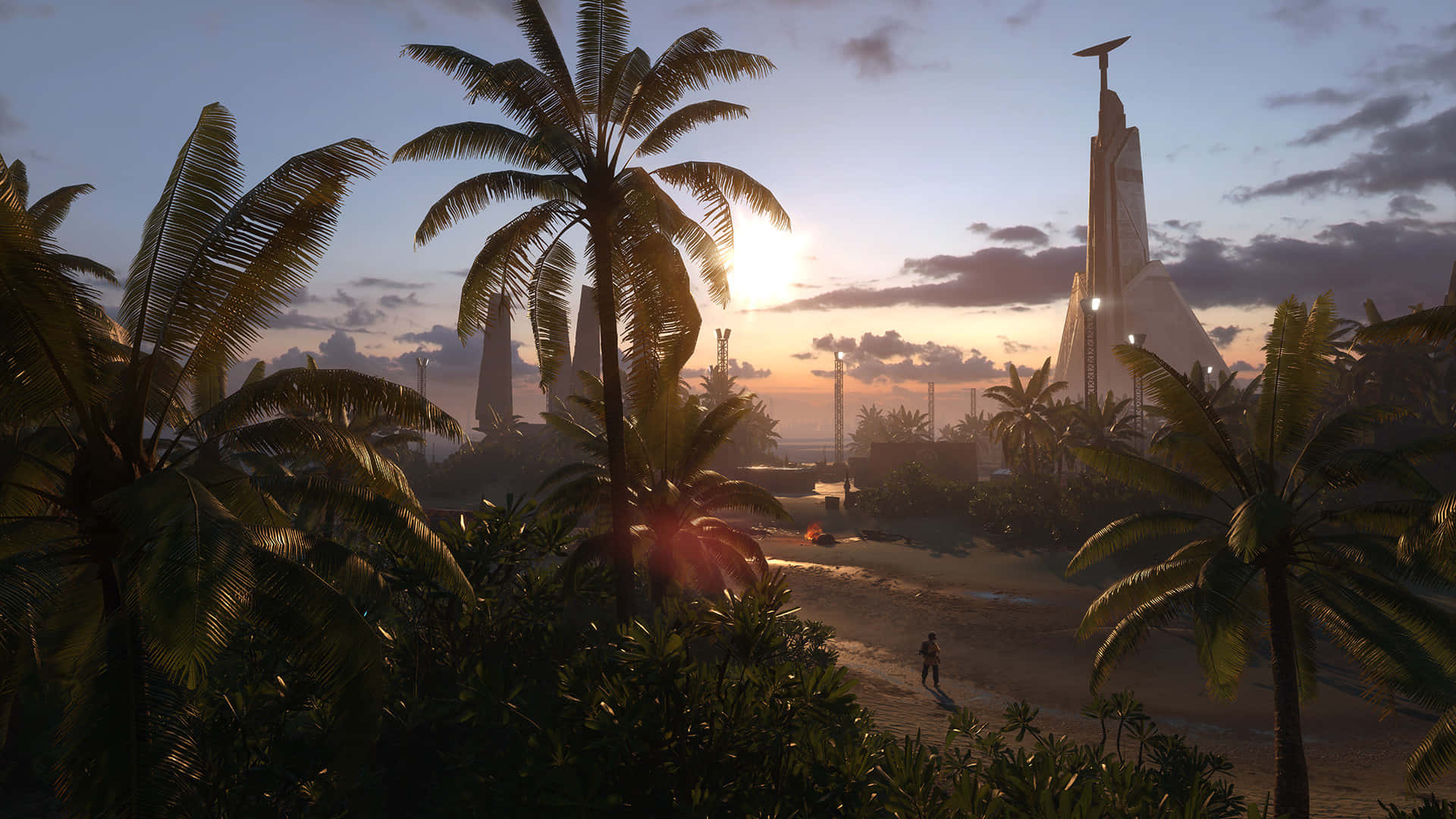 Scarif, tropical palms, futuristic towers, Full HD Desktop Wallpaper