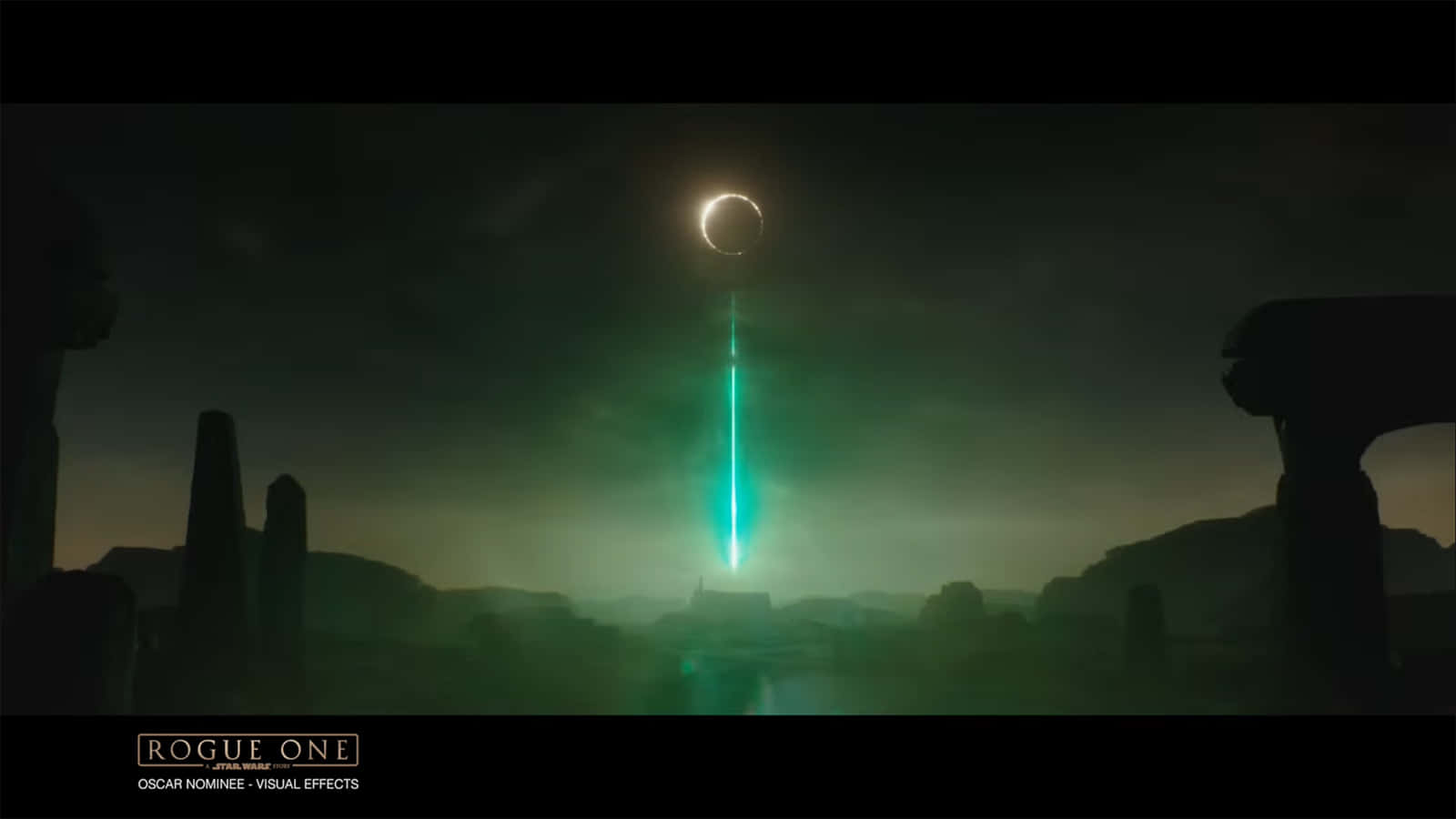 Scarif, crescent moon, glowing green beam, HD Desktop Wallpaper