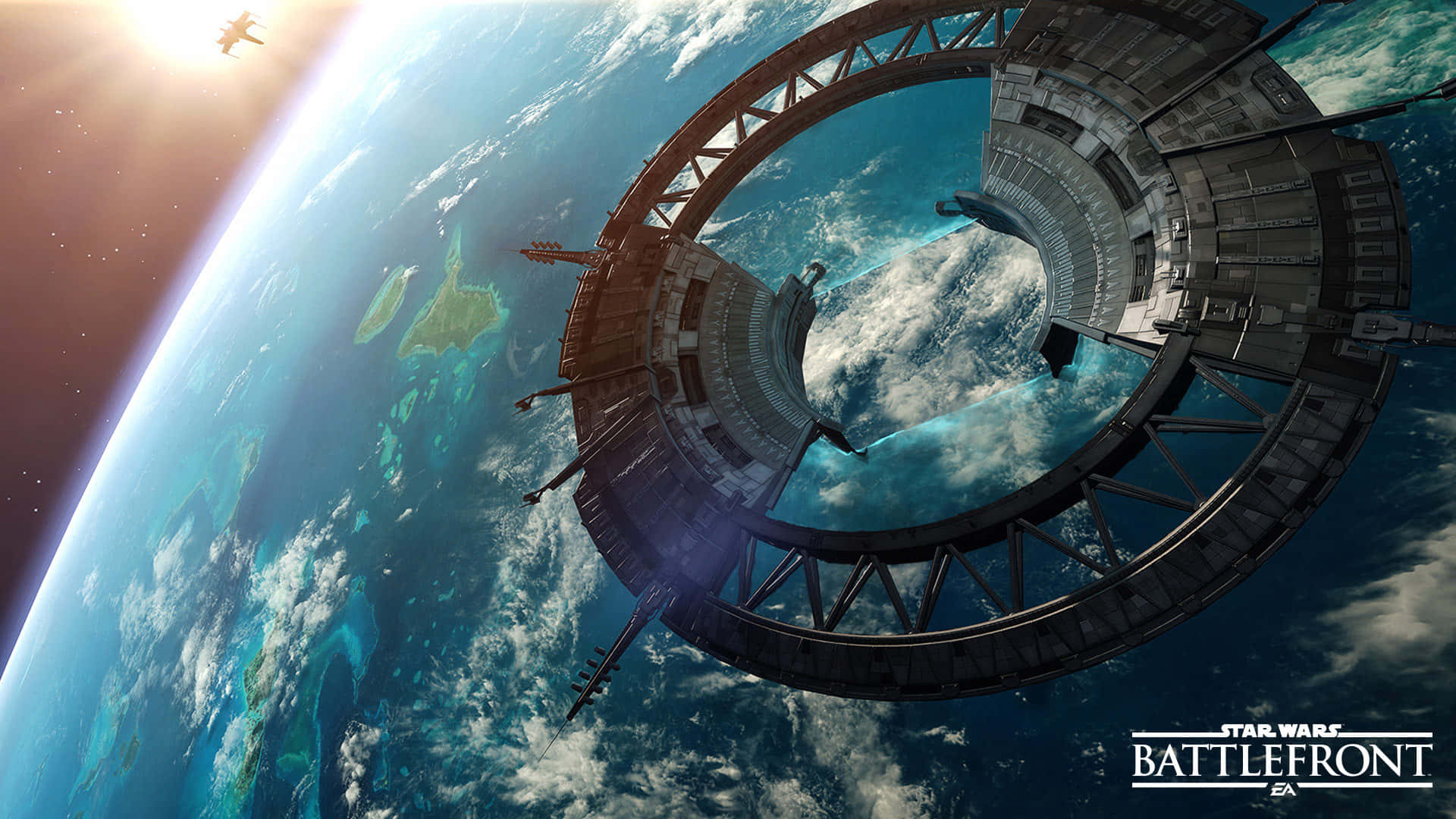 Scarif, space station, vibrant blue planet, Full HD Desktop Wallpaper