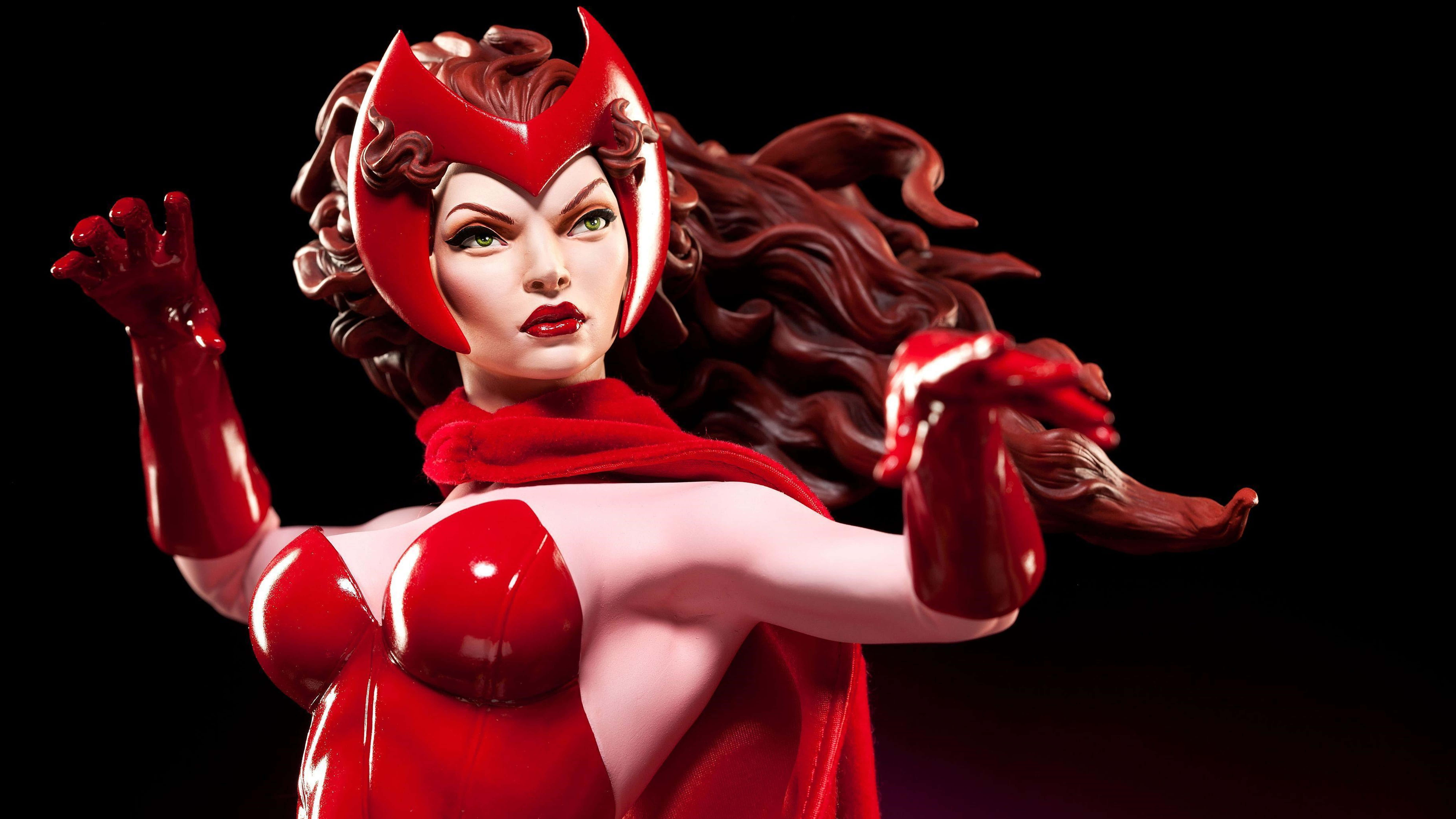 Scarlet Witch, glossy red statue, dynamic pose, 8K Desktop Wallpaper