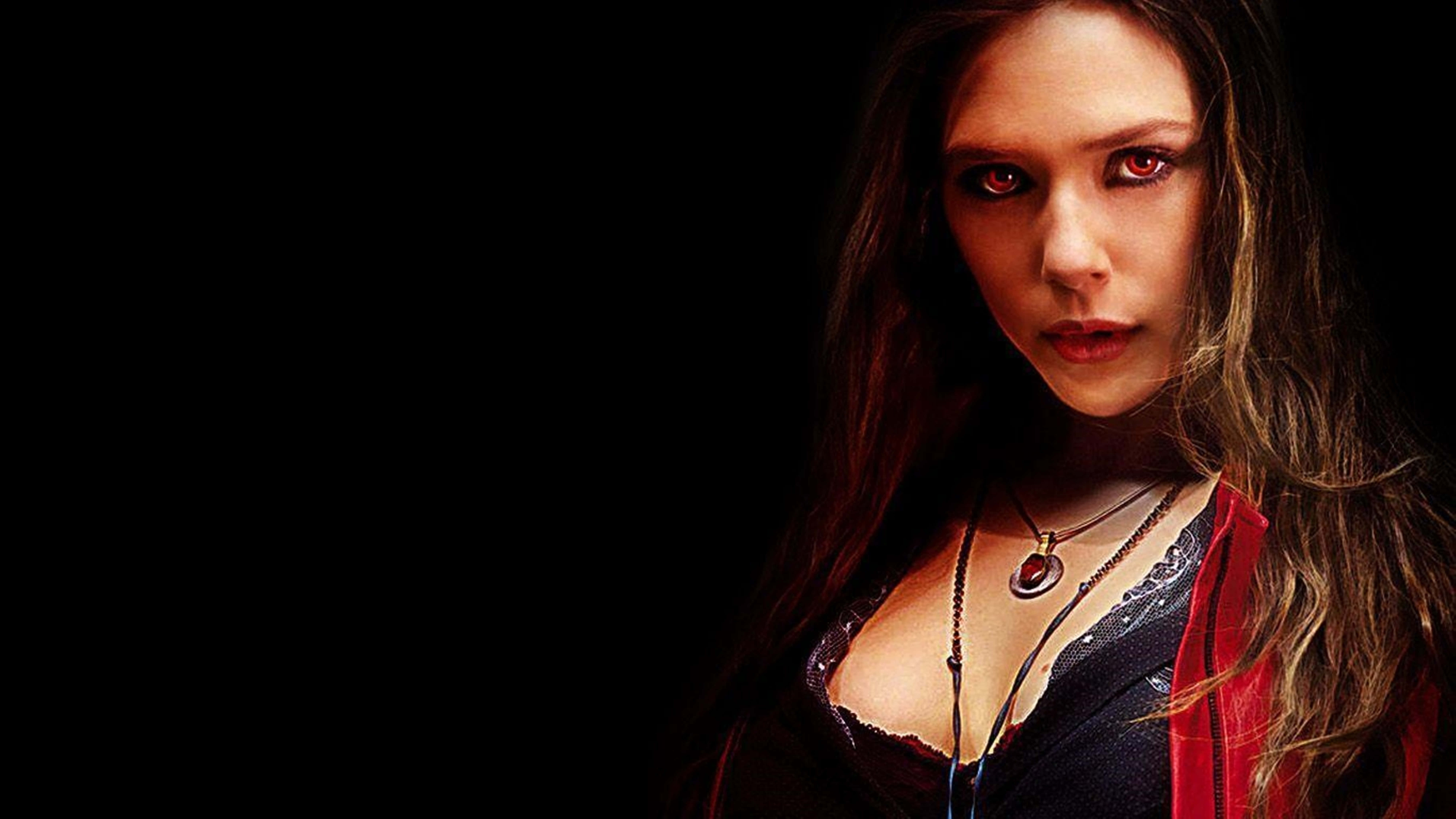 Scarlet Witch, glowing red eyes, dark hair, 8K Desktop Wallpaper
