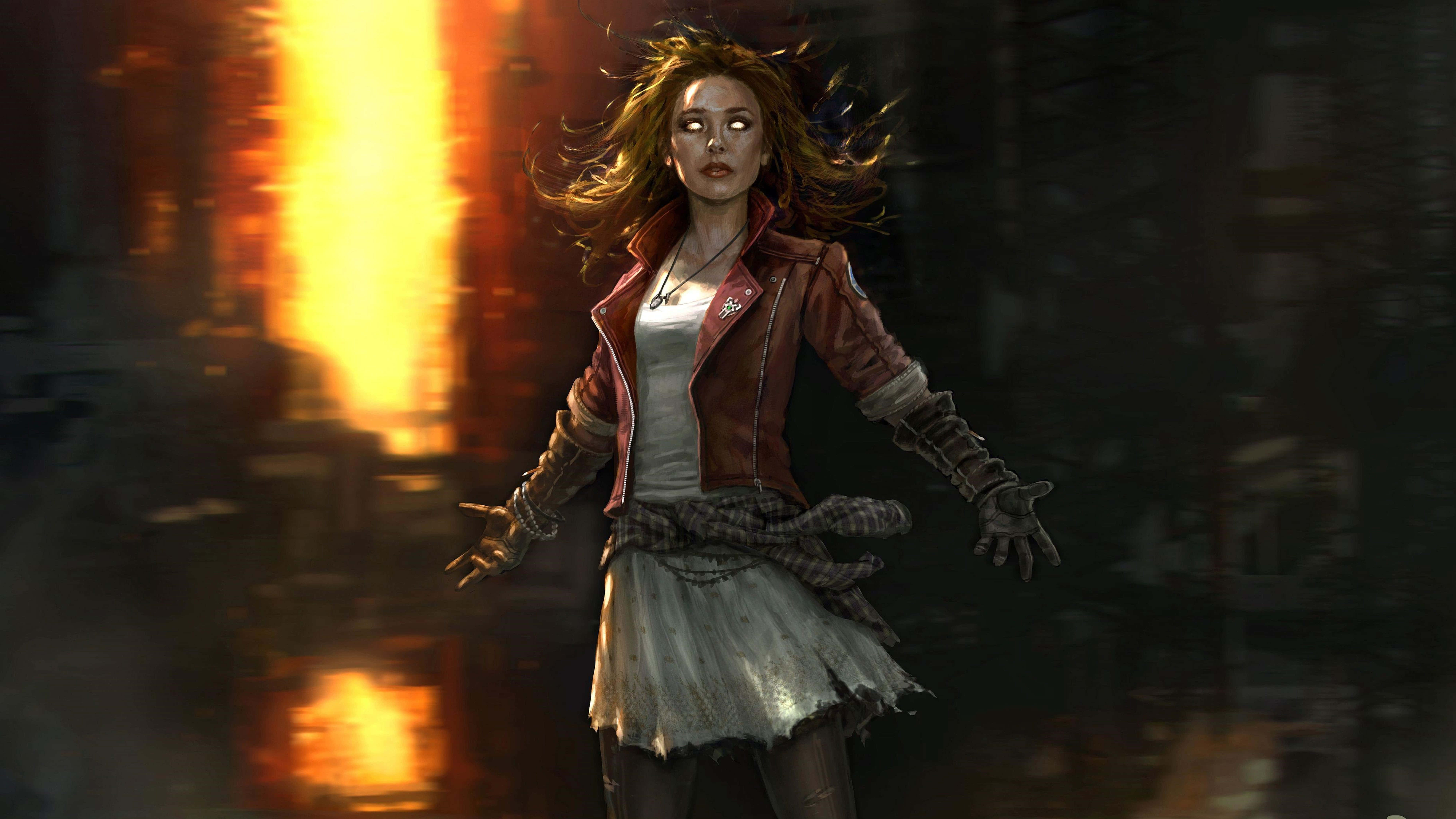 Scarlet Witch, glowing eyes, windblown hair, 8K Desktop Wallpaper