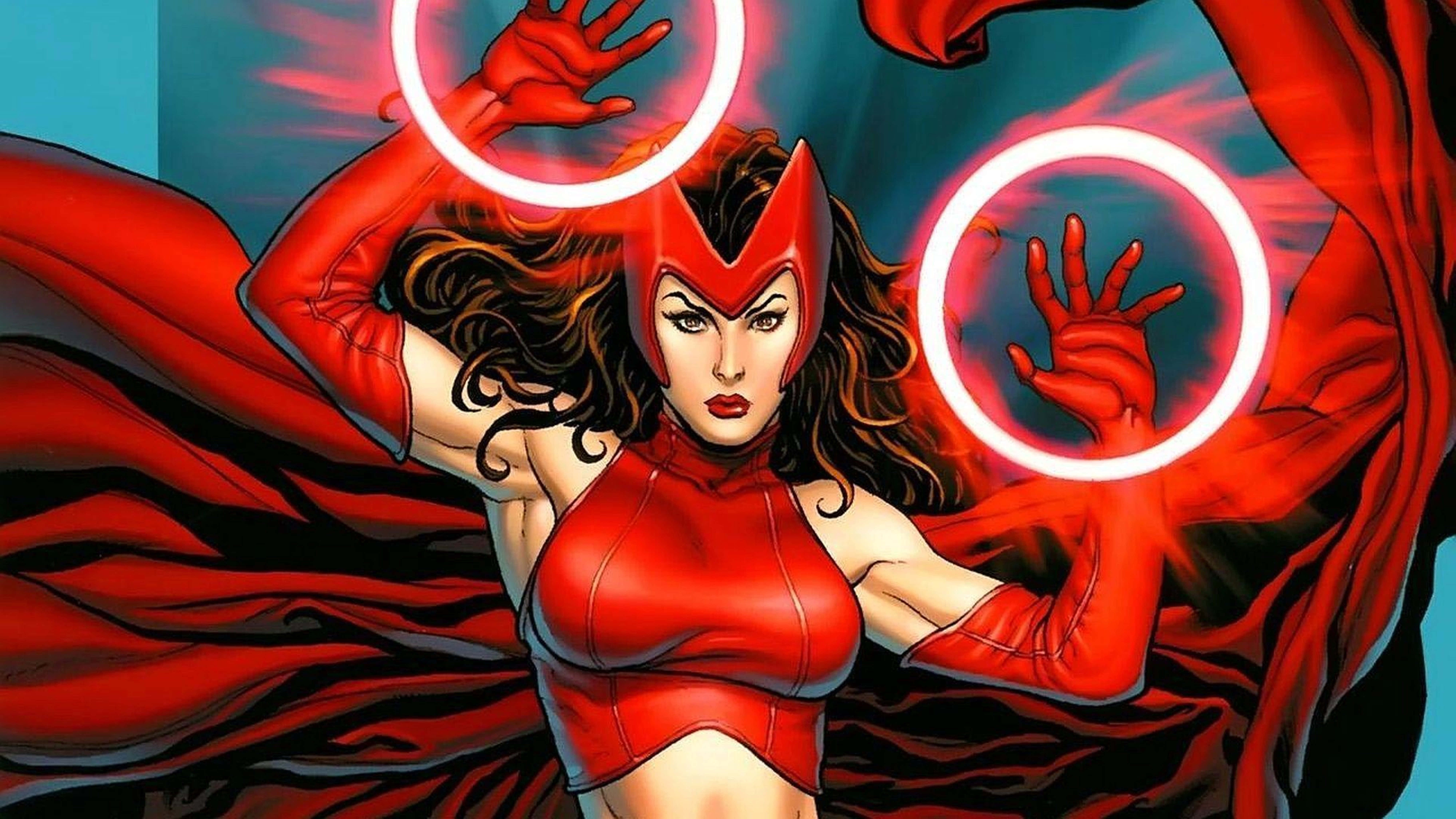 Scarlet Witch, red costume, glowing energy rings, 8K Desktop Wallpaper