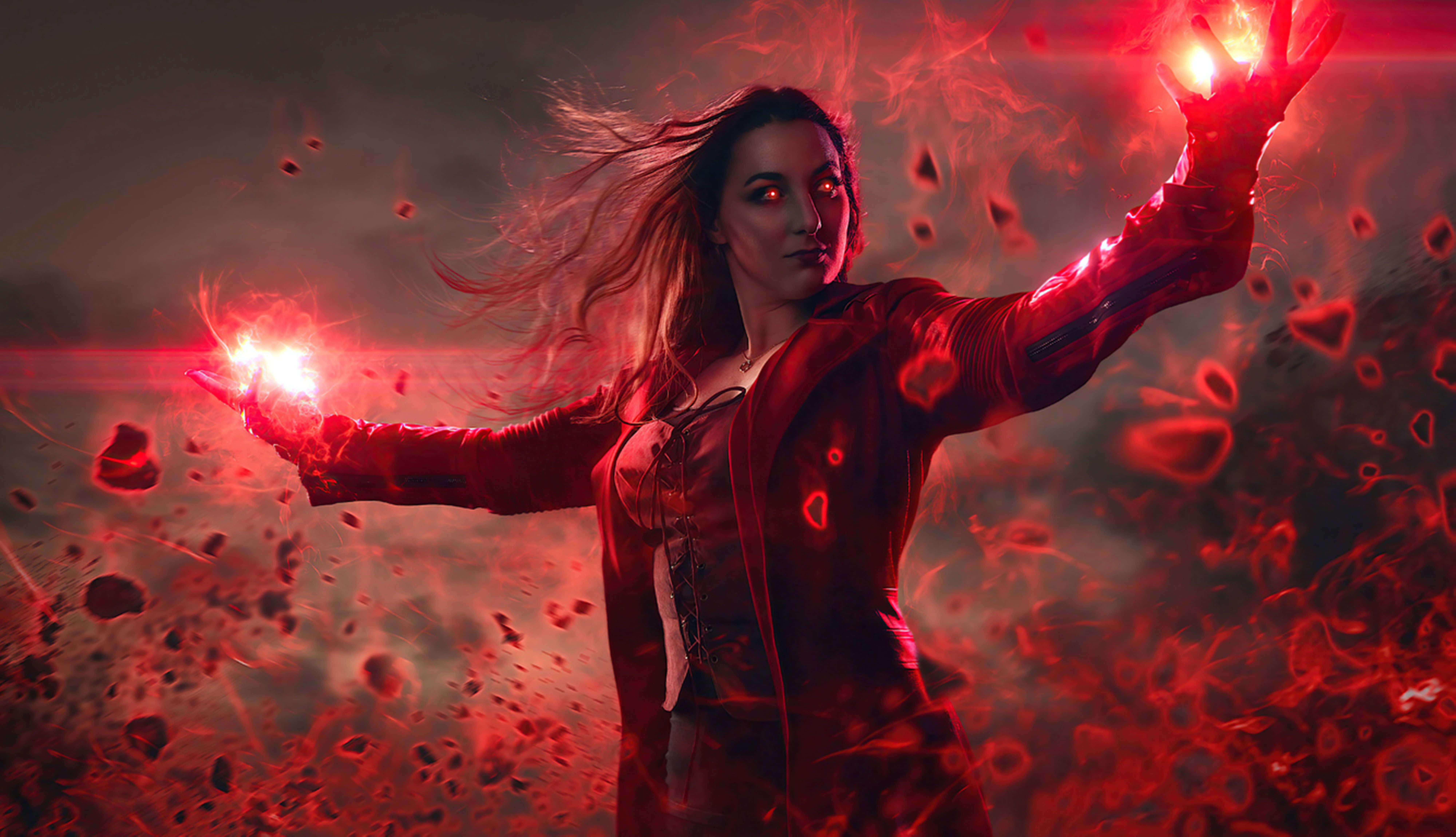 Scarlet Witch, red coat, glowing red energy, 8K Desktop Wallpaper