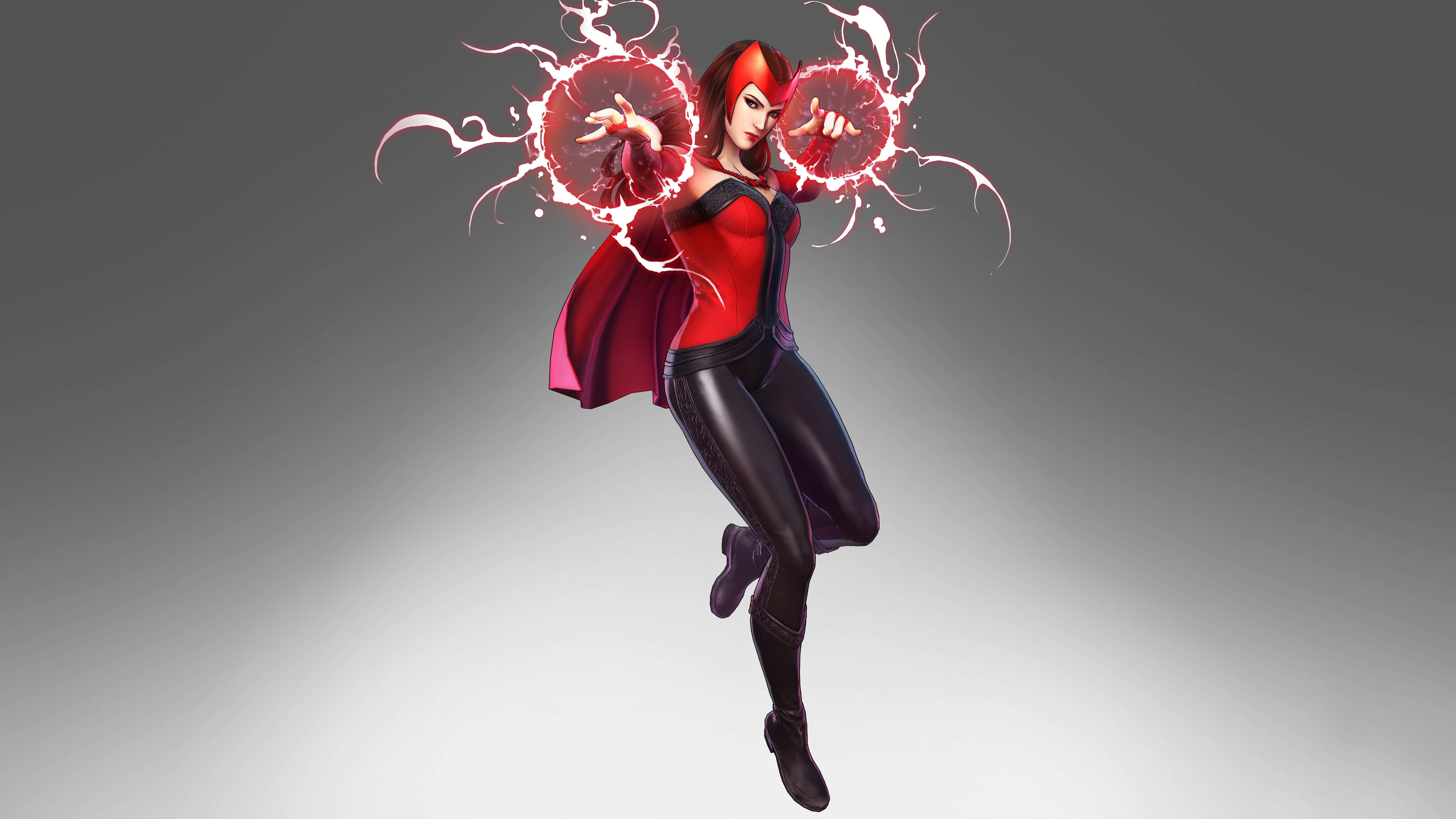 Scarlet Witch, red and black costume, glowing red energy spheres, 8K Desktop Wallpaper