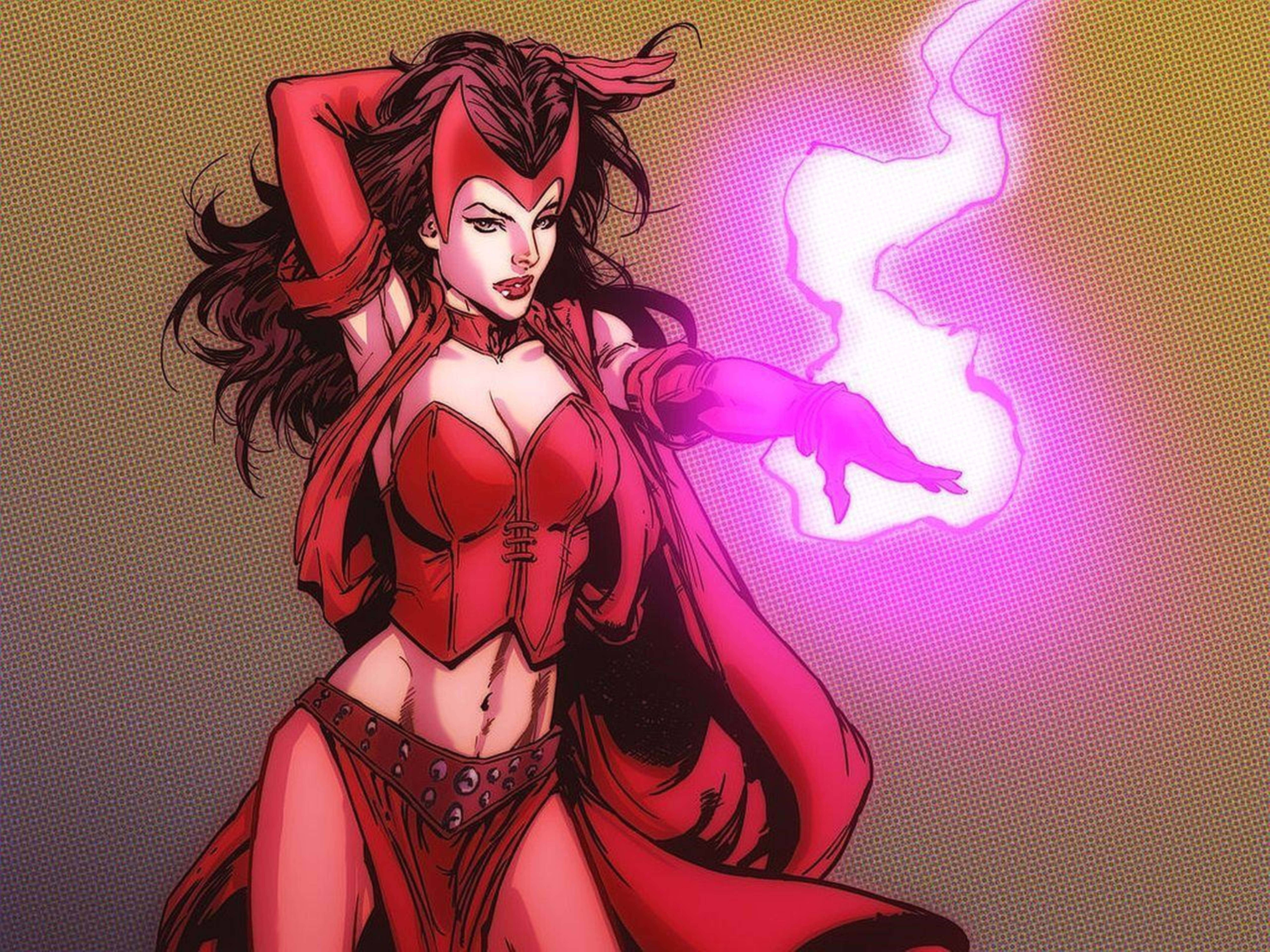 Scarlet Witch, red costume, vibrant pink energy, 8K Desktop Wallpaper
