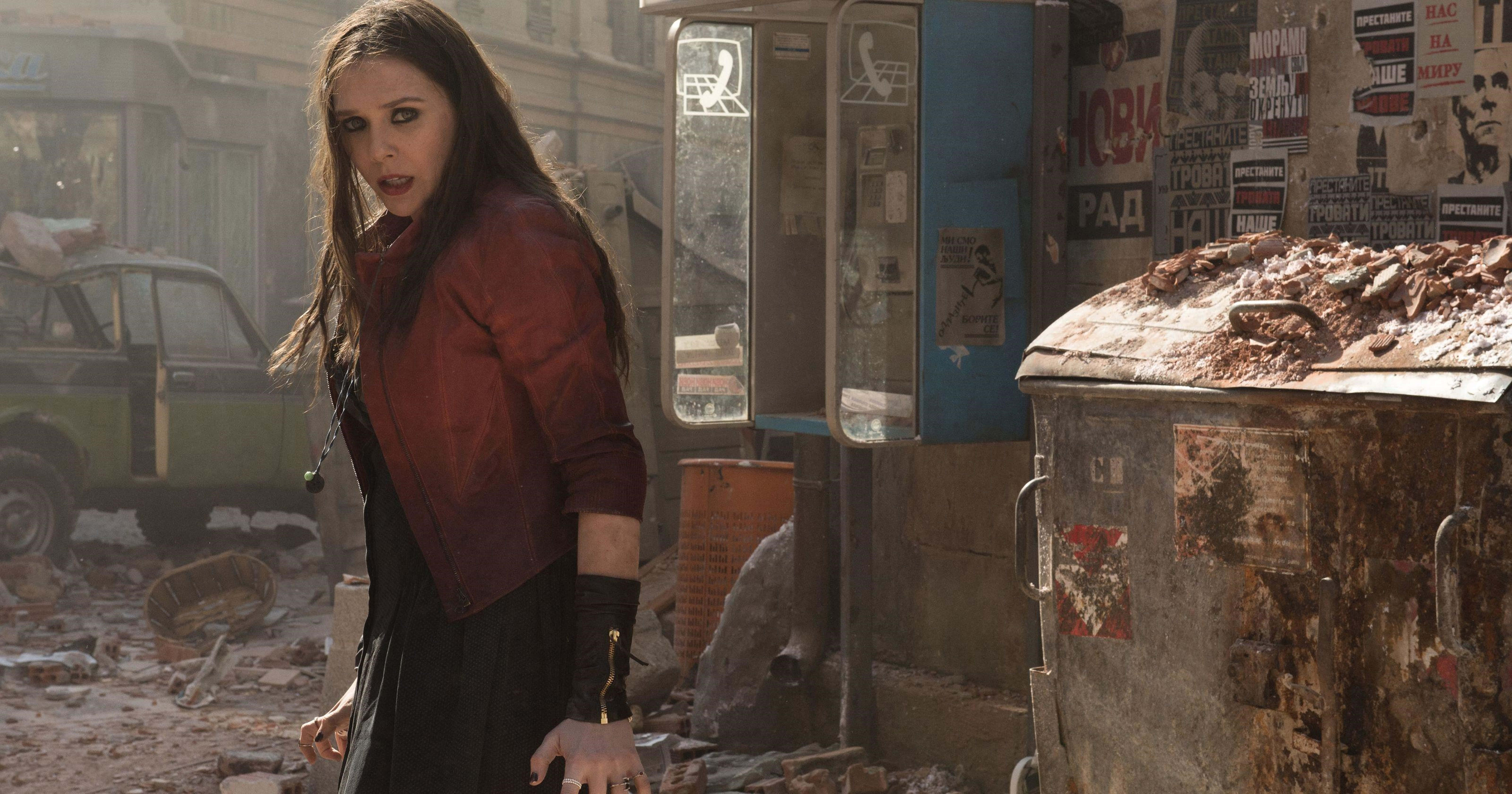 Scarlet Witch, red jacket, gritty urban ruin, 8K Desktop Wallpaper