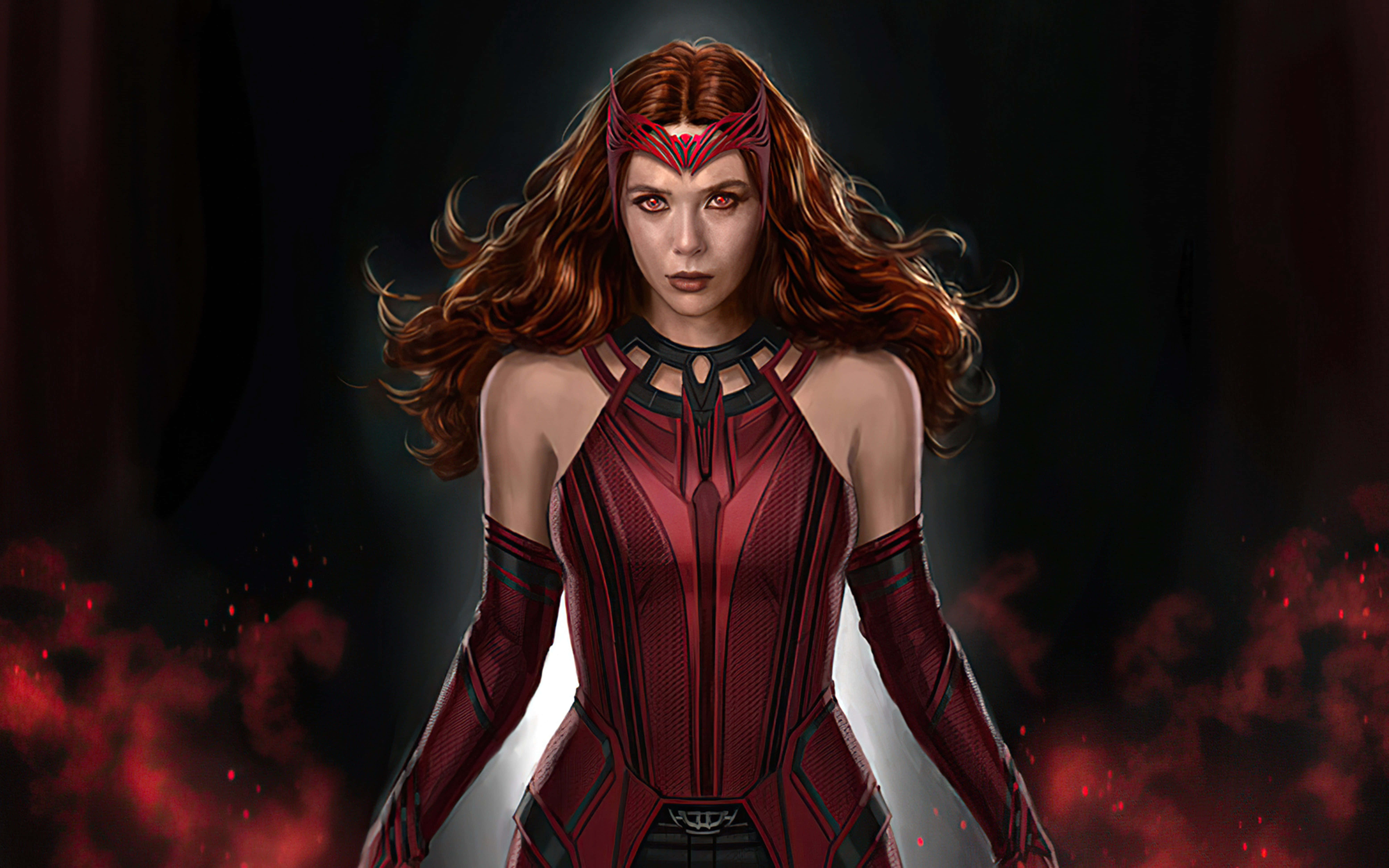Scarlet Witch, red and black suit, glowing red energy particles, 8K Desktop Wallpaper