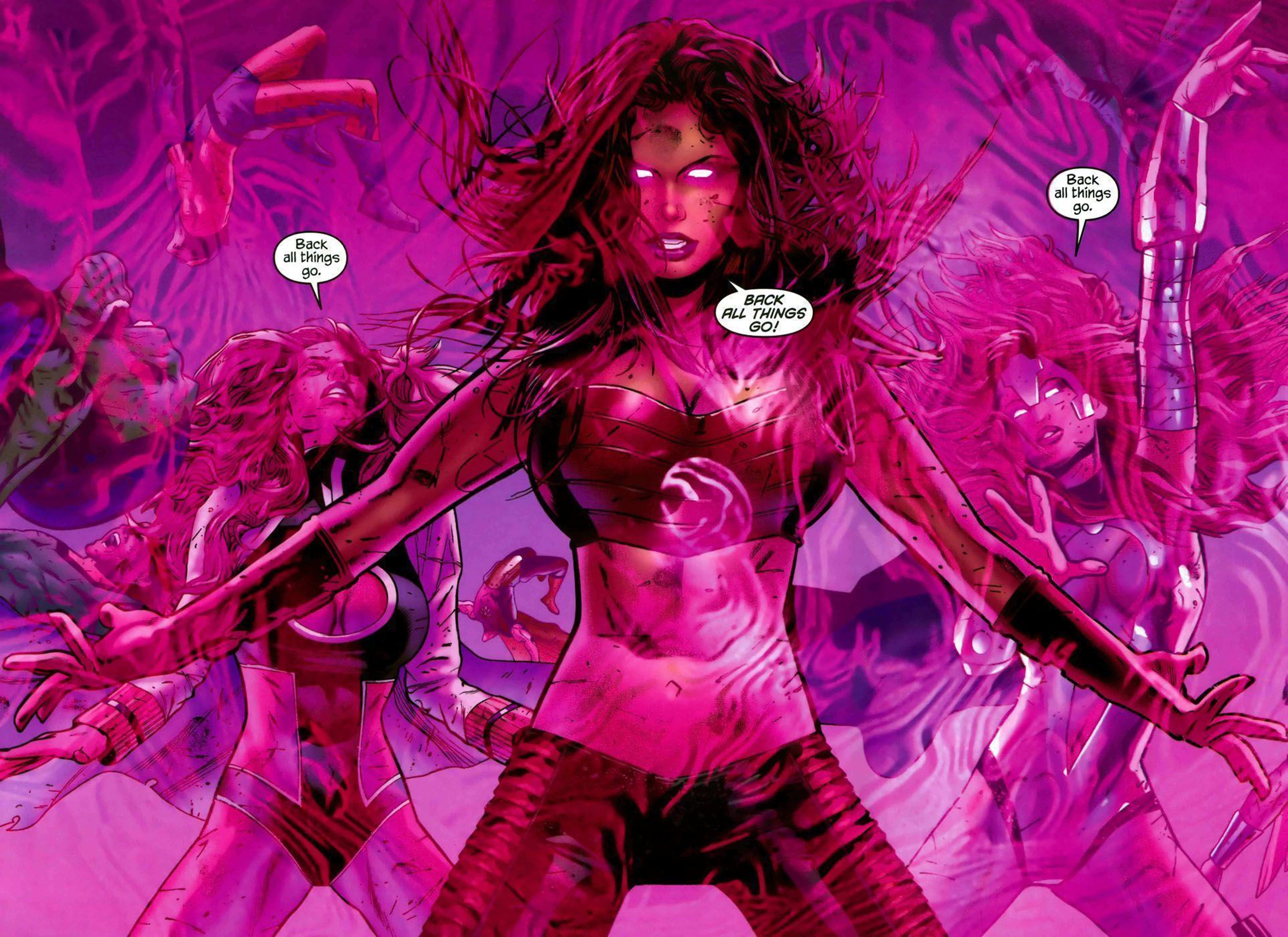 Scarlet Witch, glowing pink eyes, flowing hair, 8K Desktop Wallpaper