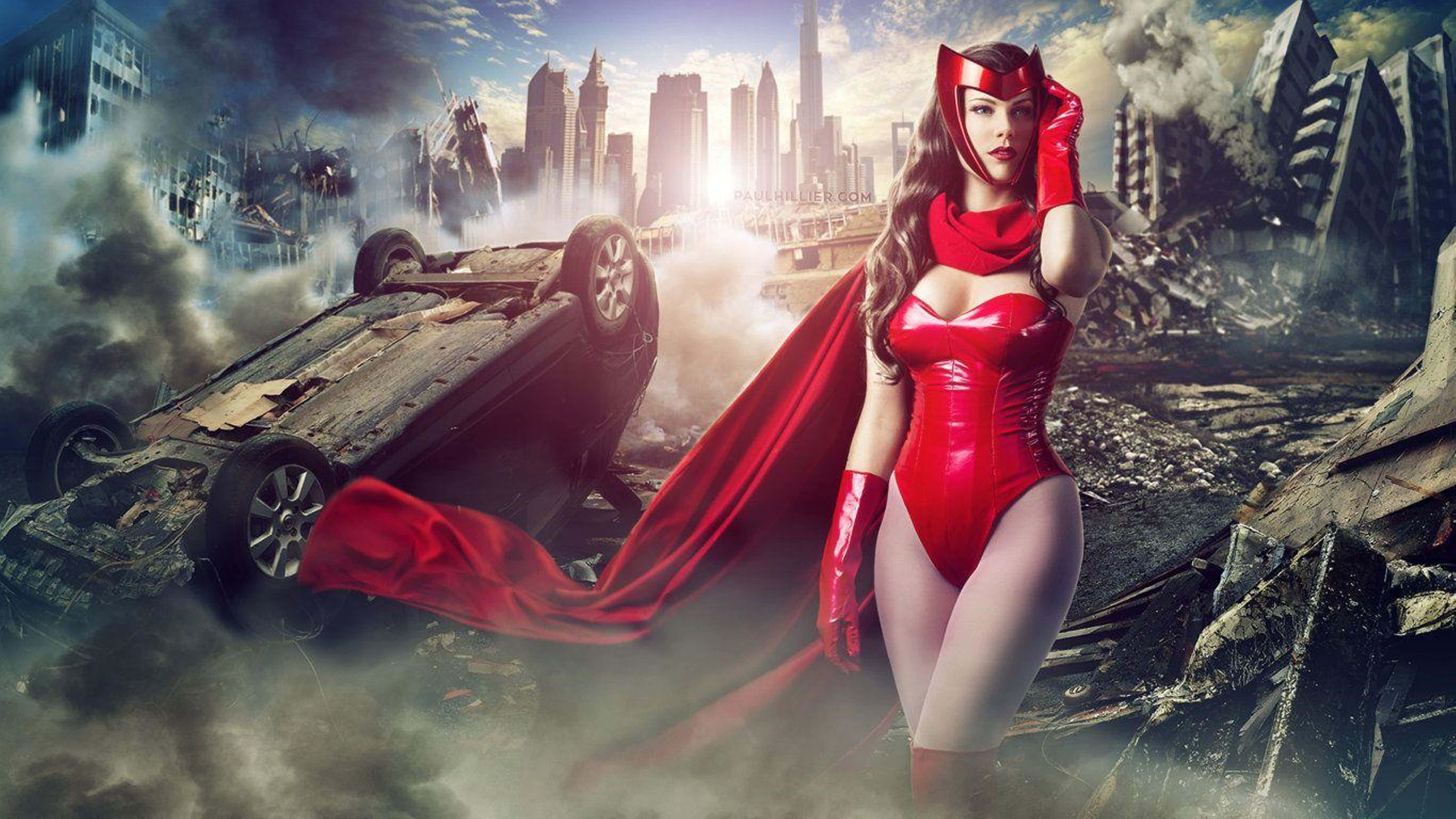 Scarlet Witch, red superhero costume, ruined cityscape, 8K Desktop Wallpaper