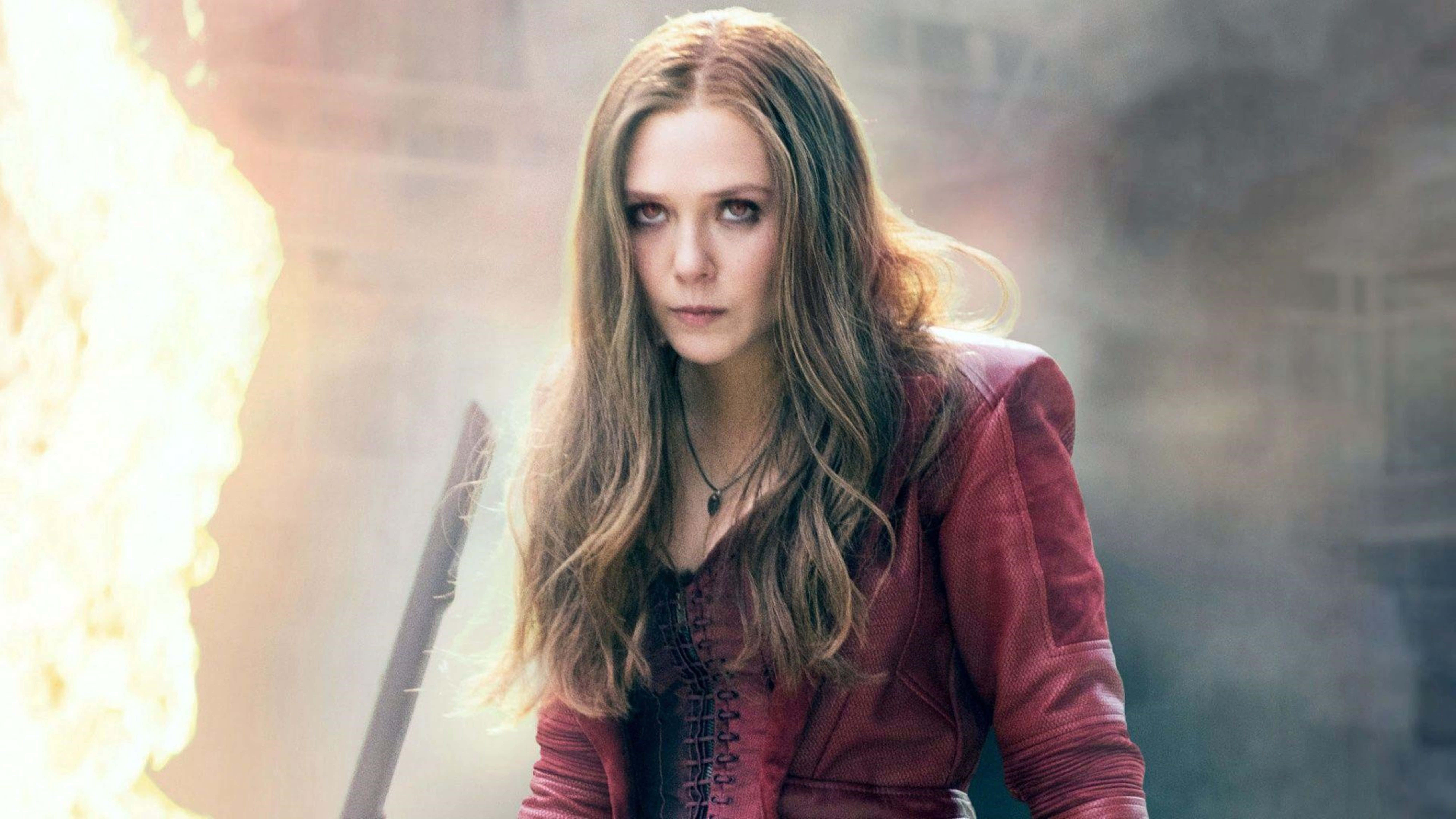 Scarlet Witch, red leather jacket, roaring fire, 8K Desktop Wallpaper