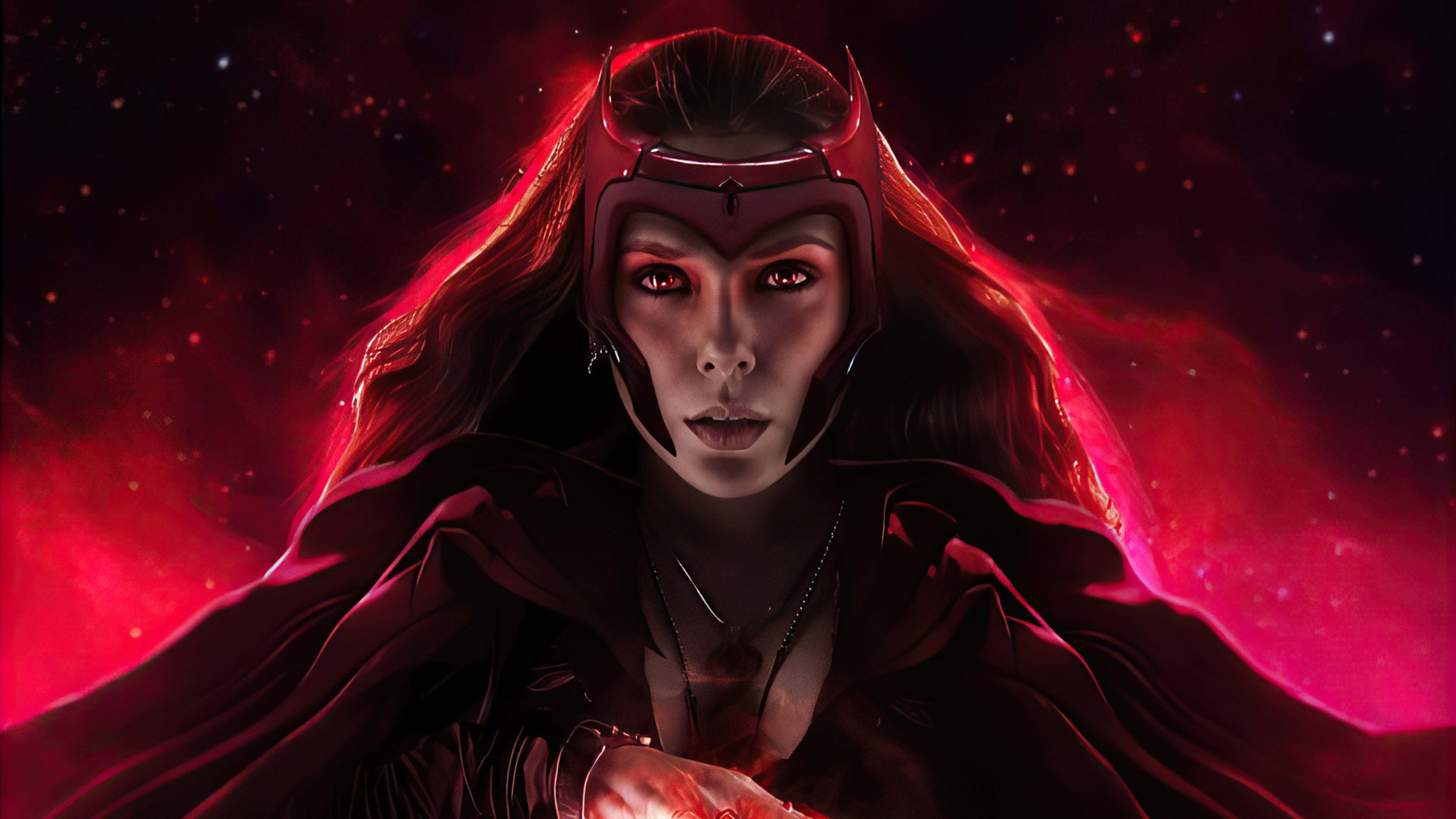 Scarlet Witch, glowing red eyes, flowing dark hair, 8K Desktop Wallpaper