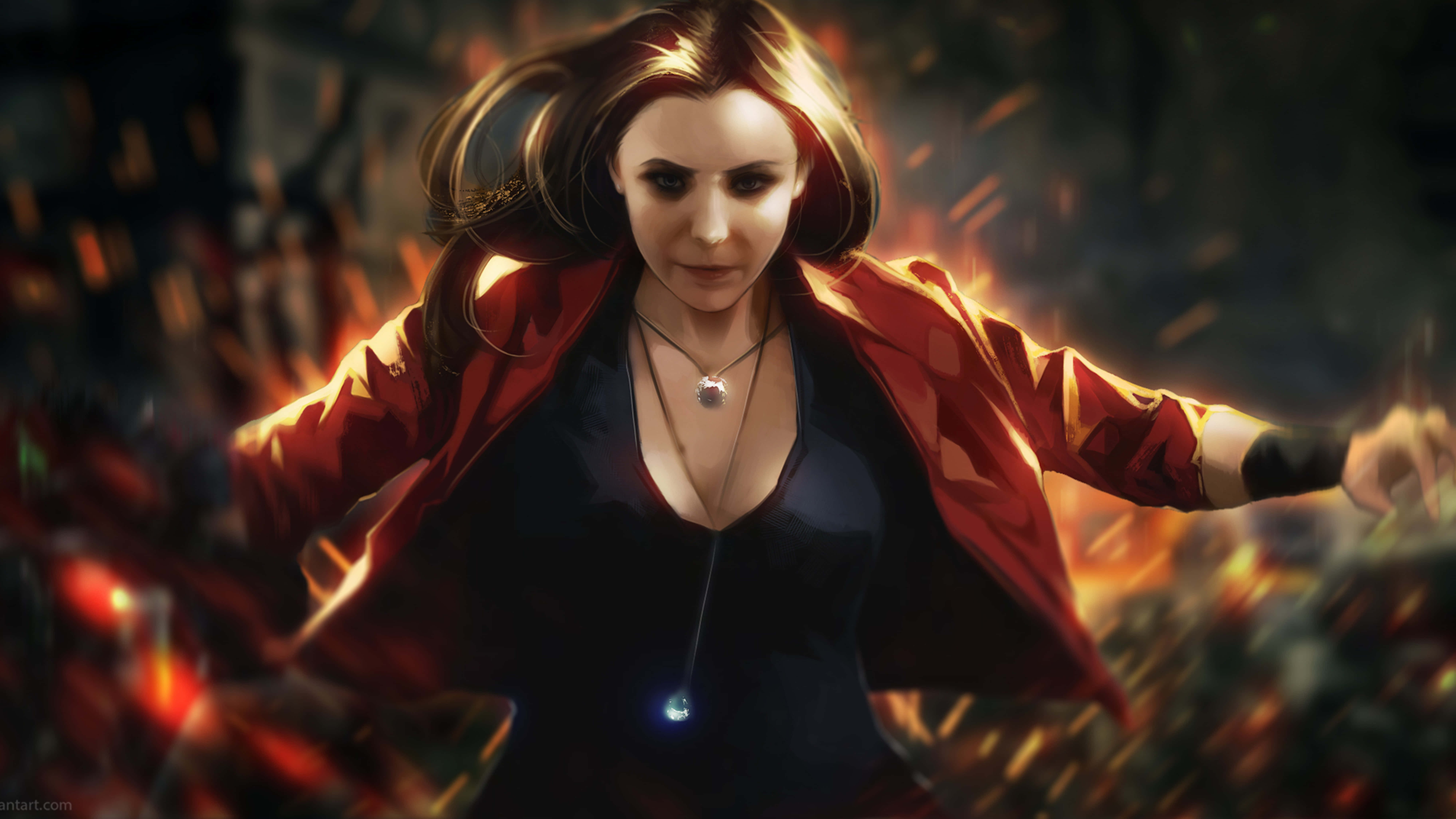Scarlet Witch, red coat, fiery energy, 8K Desktop Wallpaper