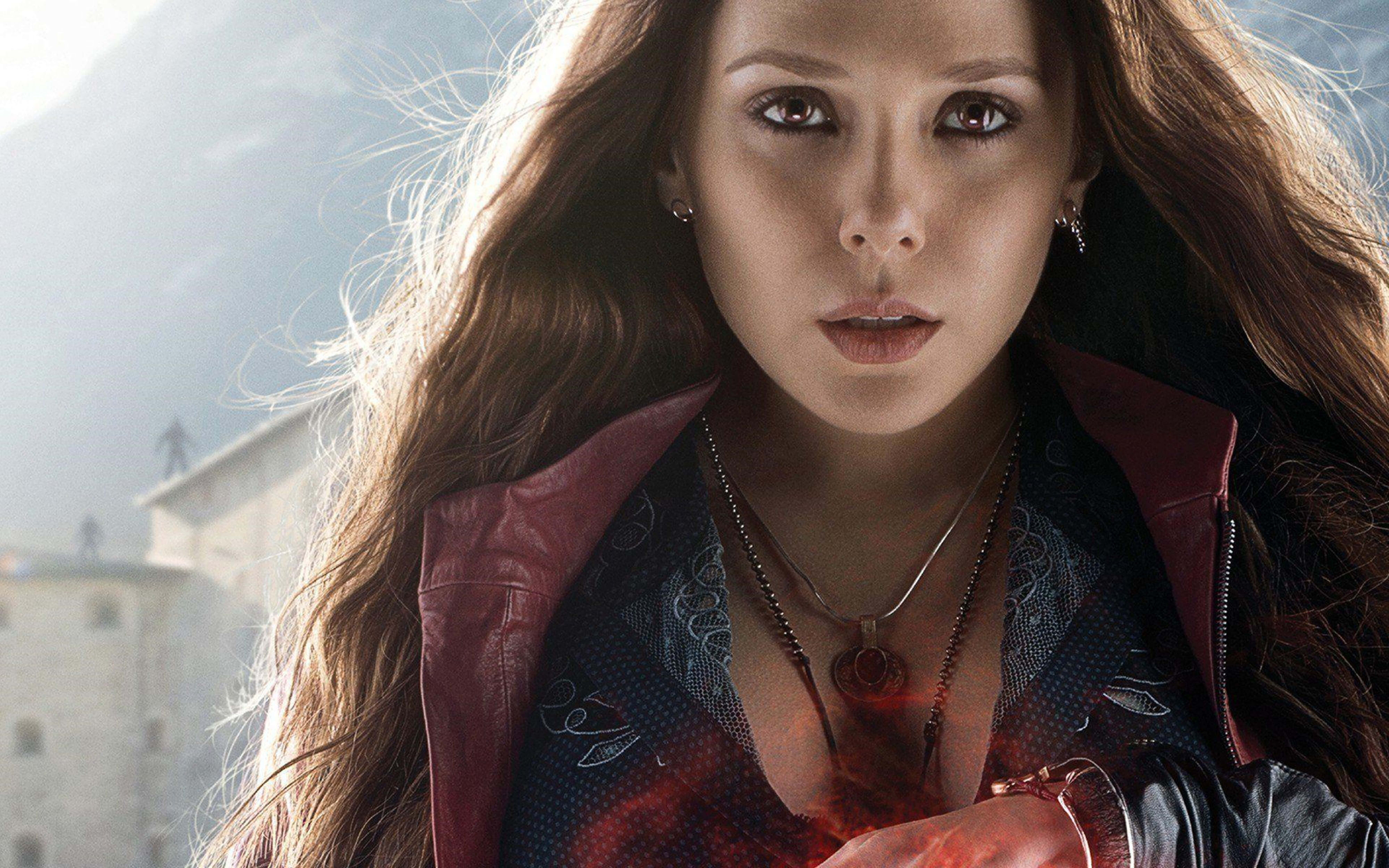 Scarlet Witch, red leather jacket, mountainous backdrop, 8K Desktop Wallpaper