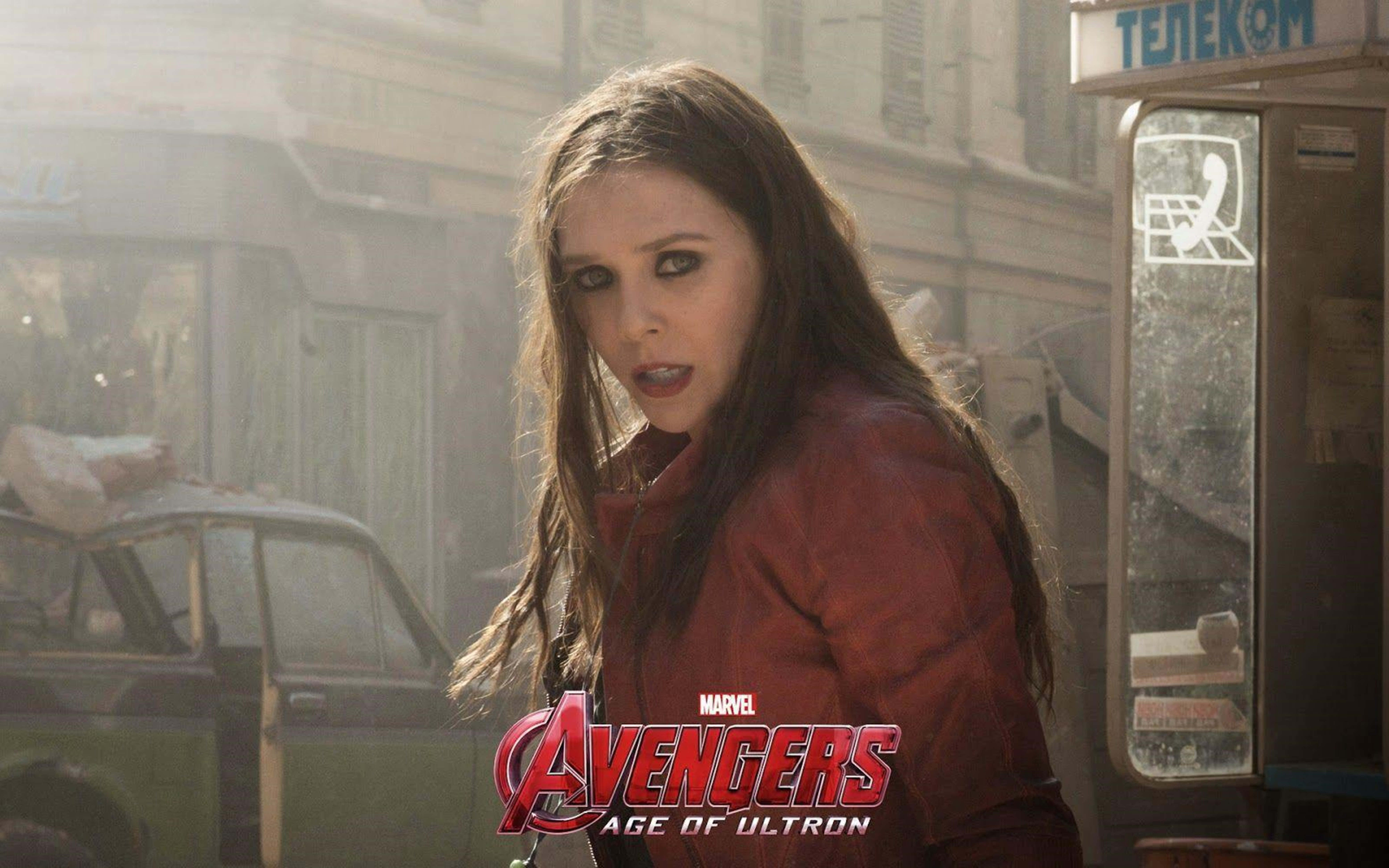 Scarlet Witch, red jacket, dusty urban street, 8K Desktop Wallpaper