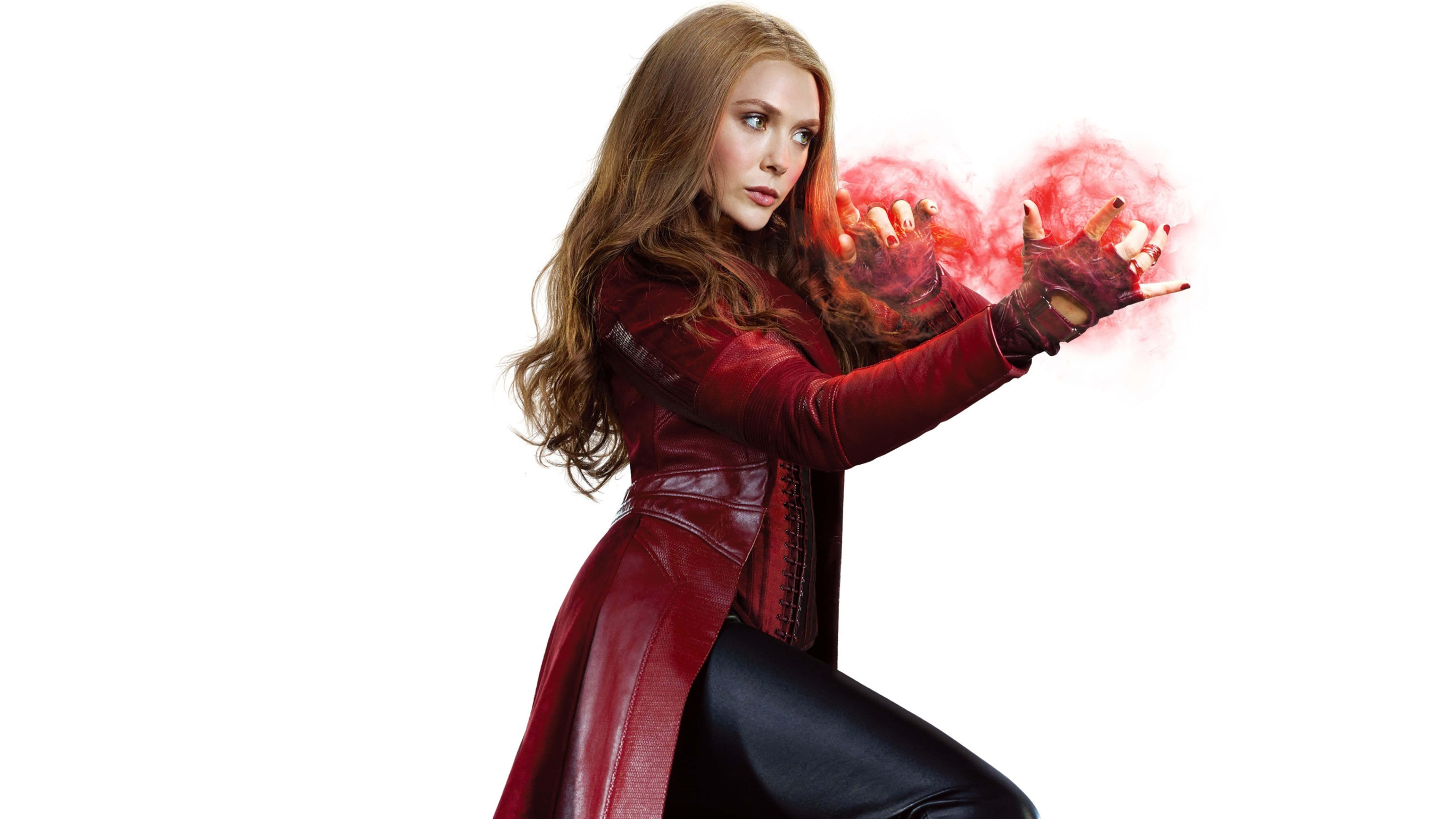 Scarlet Witch, red leather coat, glowing red energy, 8K Desktop Wallpaper