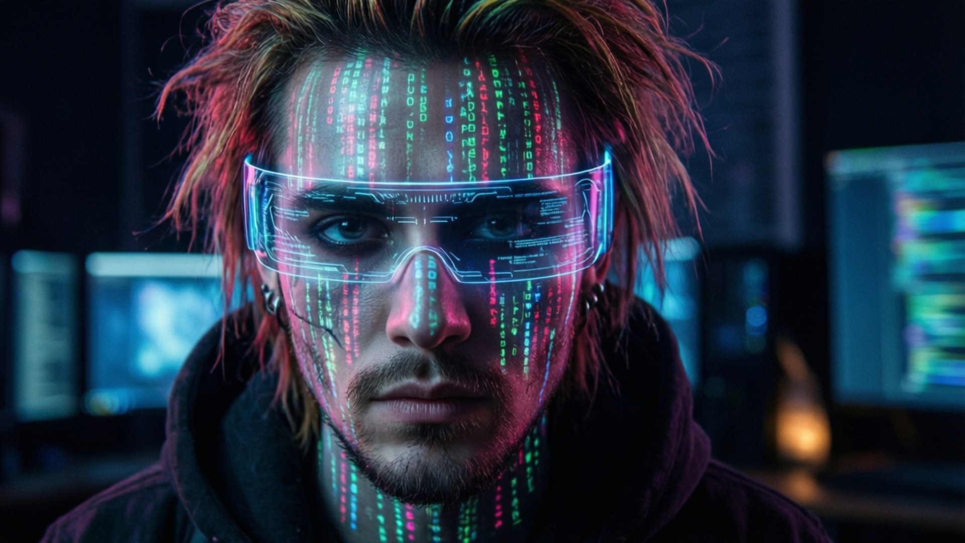 cyberpunk hacker, glowing data streams, futuristic glasses, Full HD Desktop Wallpaper