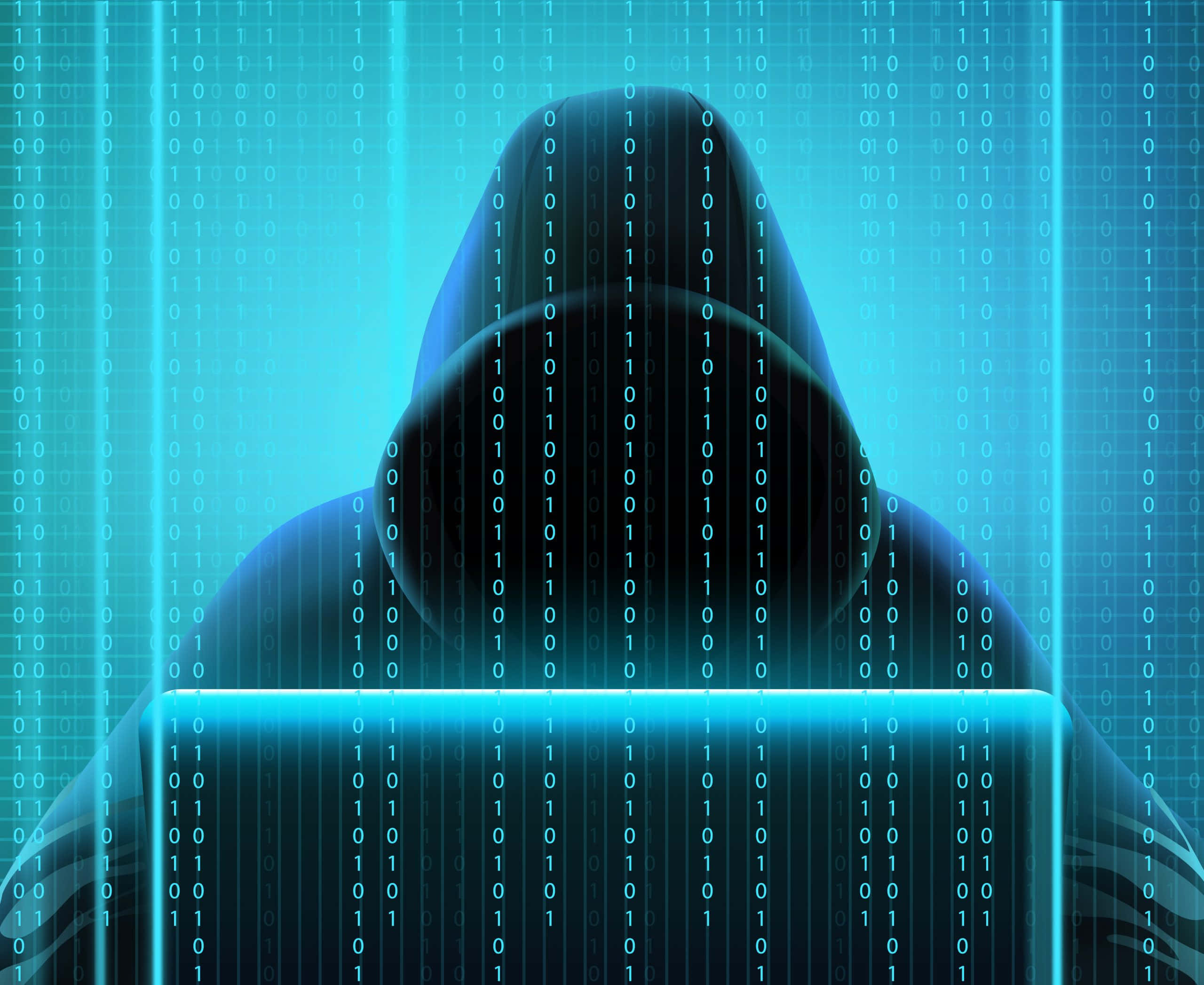 hooded figure, glowing laptop, cascading binary code, 2K Desktop Wallpaper
