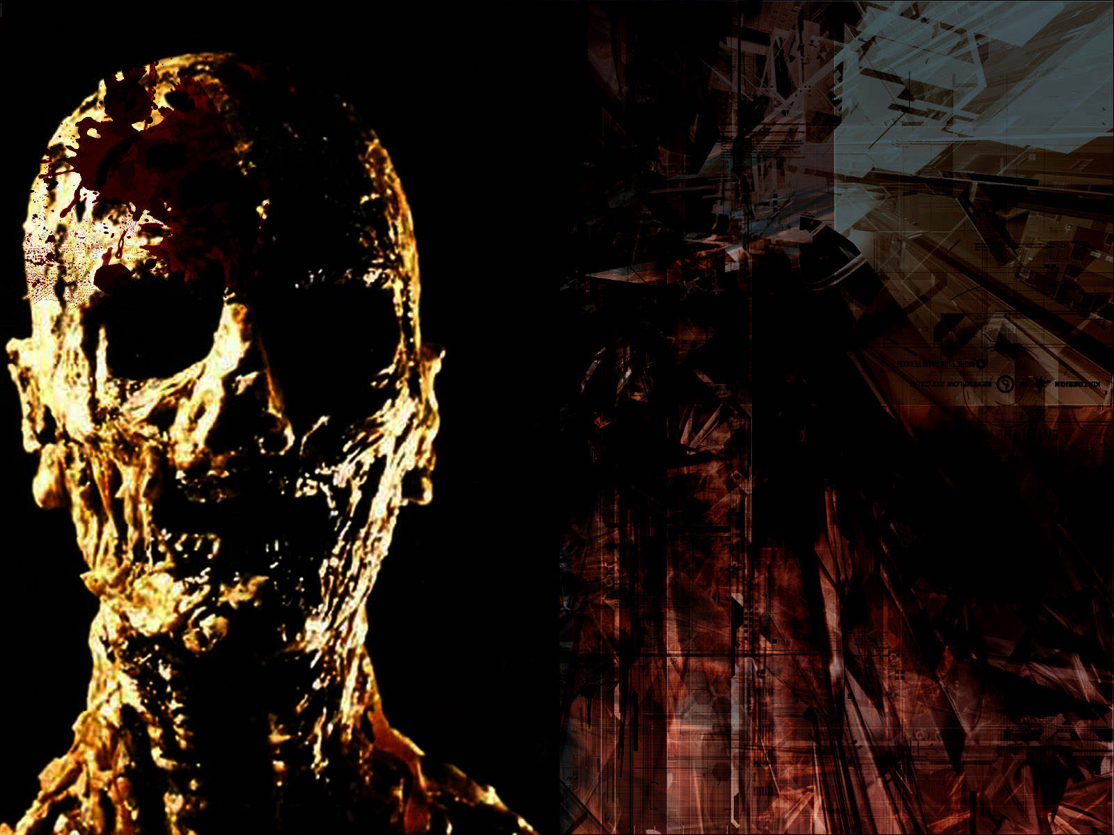 golden textured skull, dark abstract background, fragmented geometric patterns, HD Desktop Wallpaper