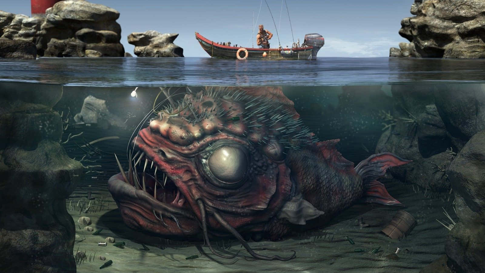 Spooky Scary Painting, monstrous red fish, glowing eye, HD Desktop Wallpaper