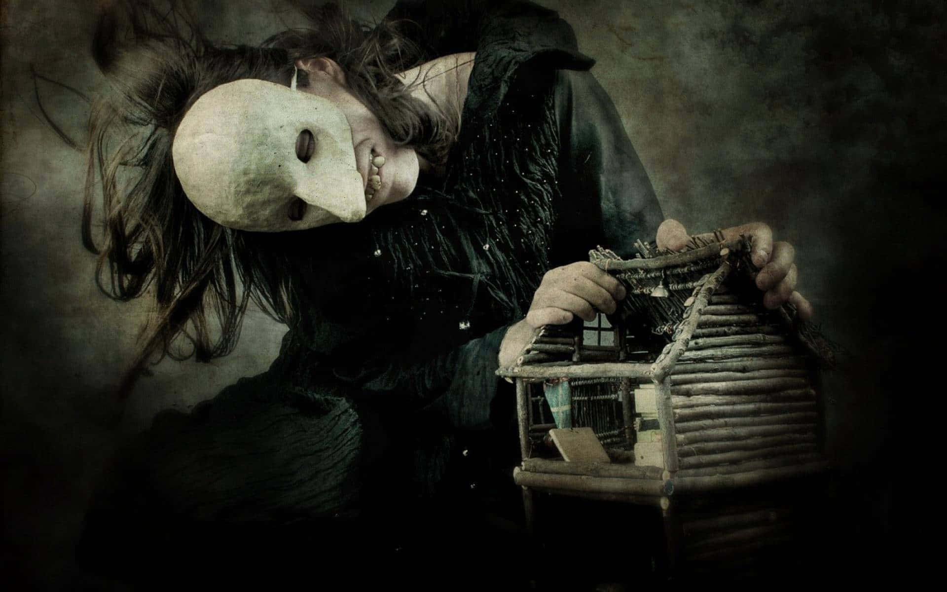 white mask, dark robe, miniature log cabin, Full HD Desktop Wallpaper