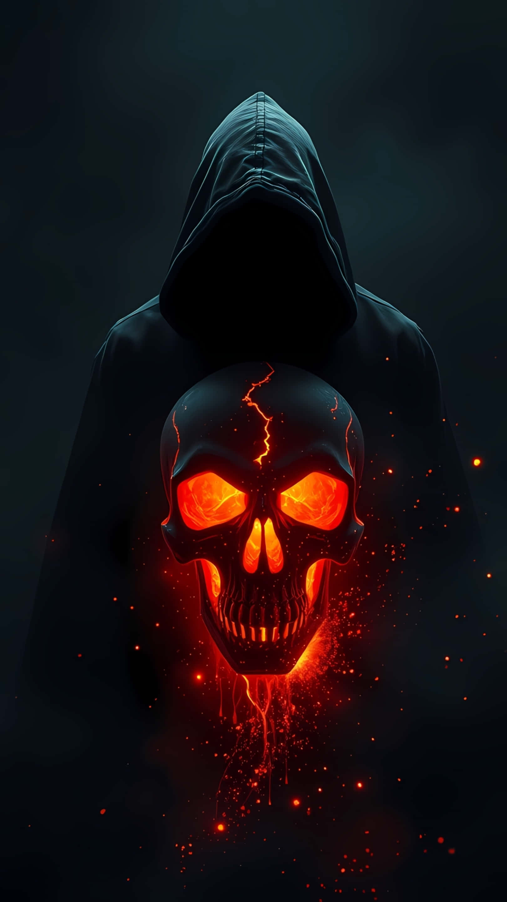 hooded figure, glowing red skull, crackling lightning, 2K Phone Wallpaper
