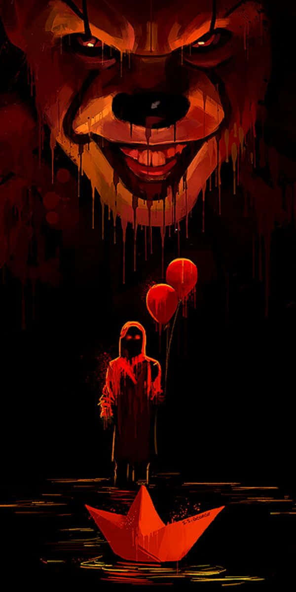demonic clown face, red balloons, child in a red hooded robe, SD Phone Wallpaper