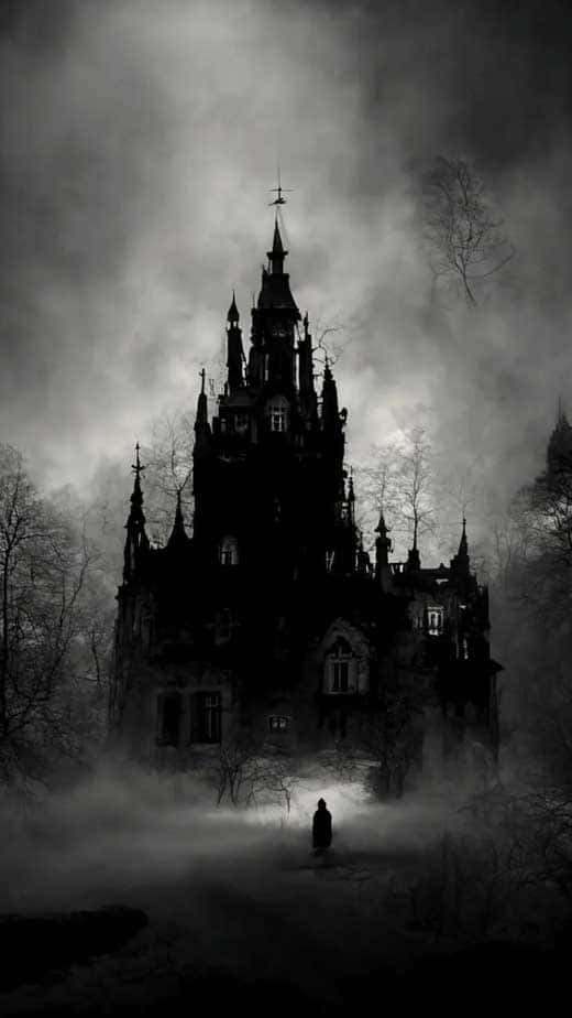 gothic castle, stormy gray sky, mist, SD Phone Wallpaper